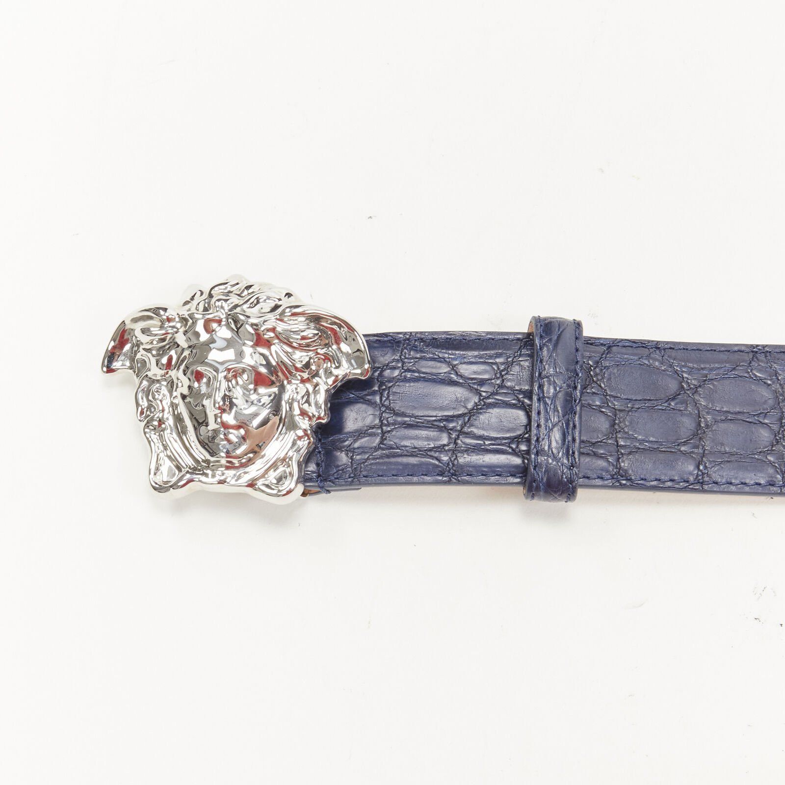 Versace VERSACE $1200 La Medusa silver buckle blue scaled leather belt 105cm 40-44" Size 40 - 4 Thumbnail