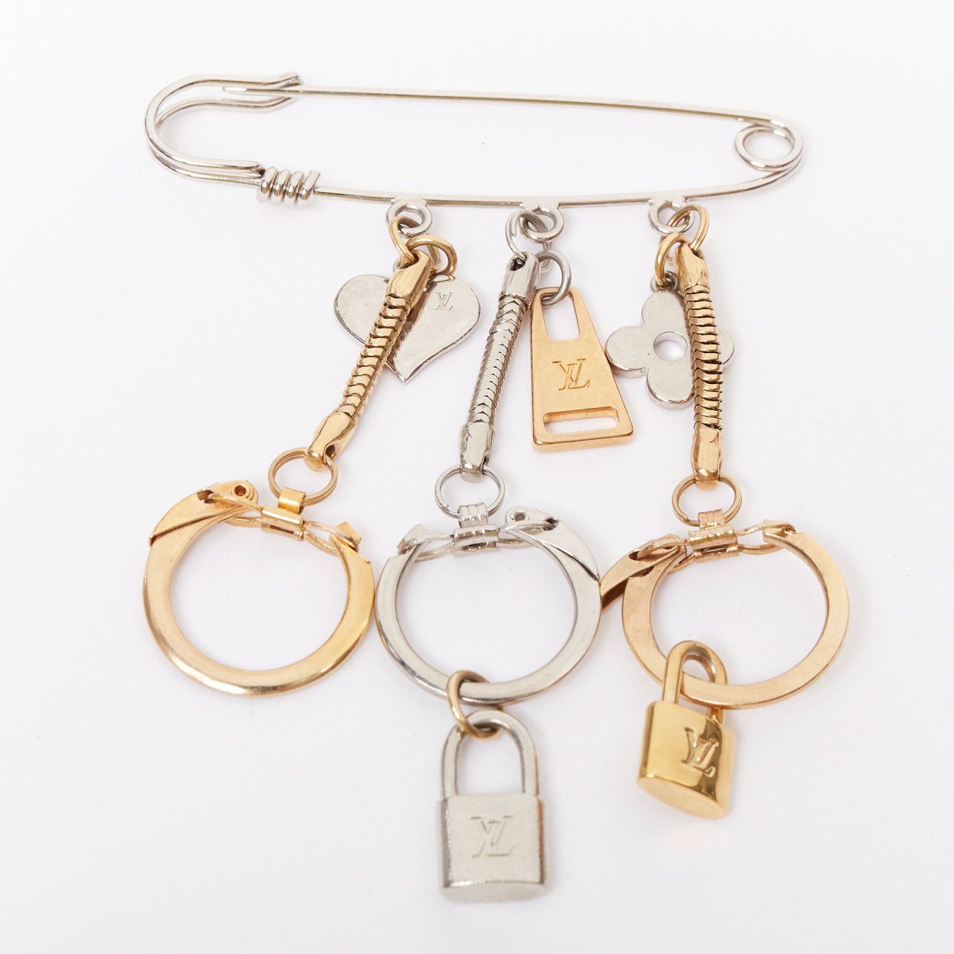 Louis Vuitton LOUIS VUITTON palladium gold plated safety pin with triple keyring LV lock heart flower charms Size ONE SIZE - 2 Thumbnail