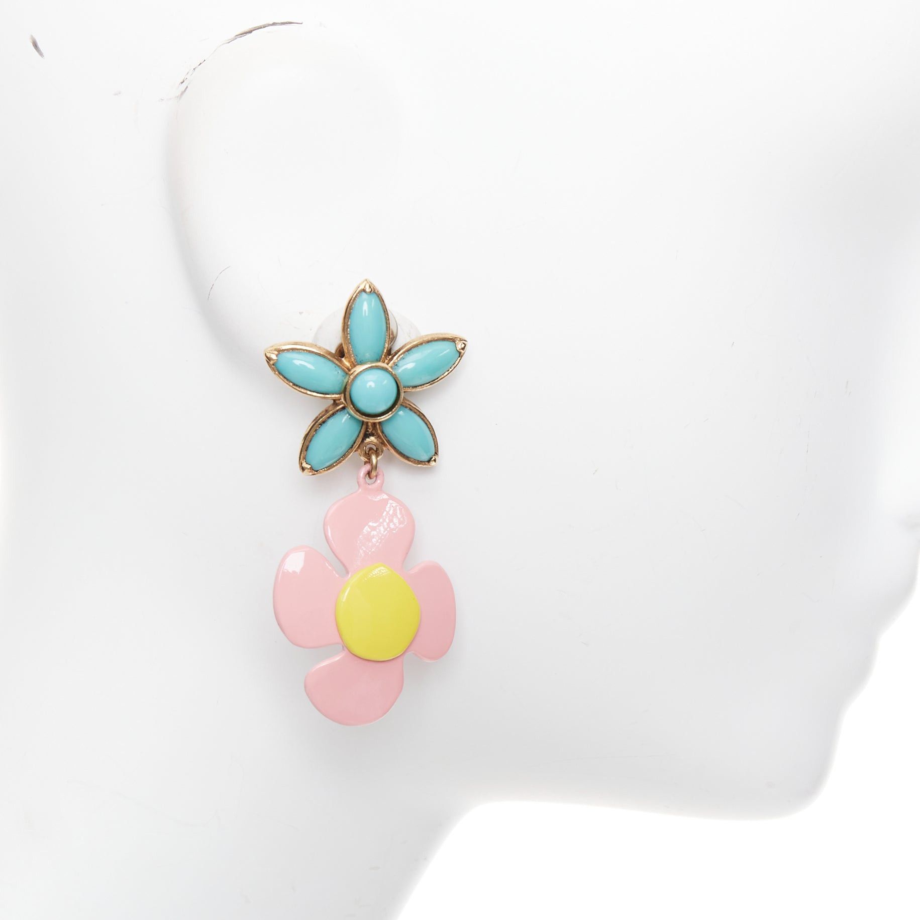 Saint Laurent Paris SAINT LAUERNT 2021 Runway turquoise stone pink daisy enamel clip earrings Pair Size ONE SIZE - 3 Thumbnail