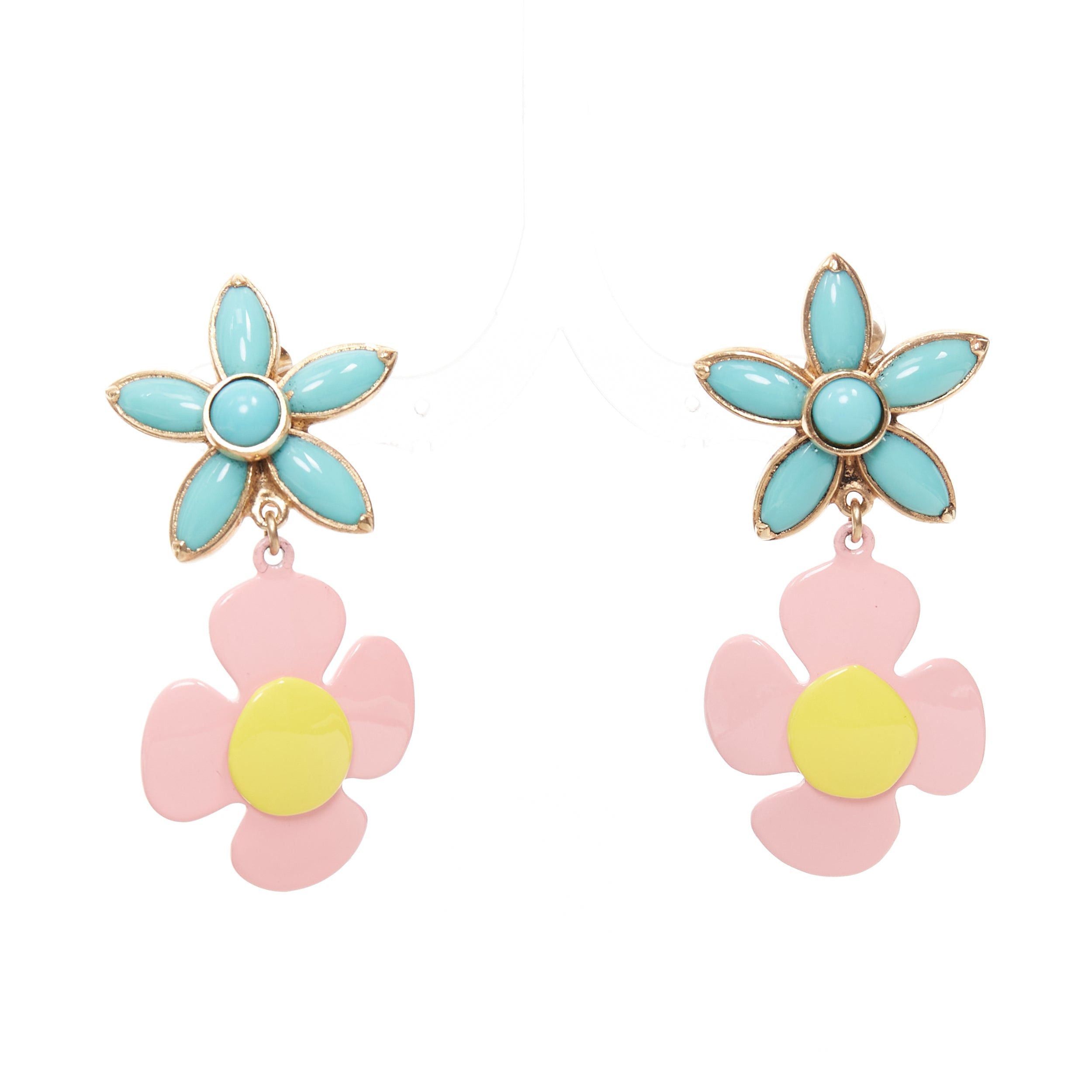 Saint Laurent Paris SAINT LAUERNT 2021 Runway turquoise stone pink daisy enamel clip earrings Pair Size ONE SIZE - 2 Thumbnail