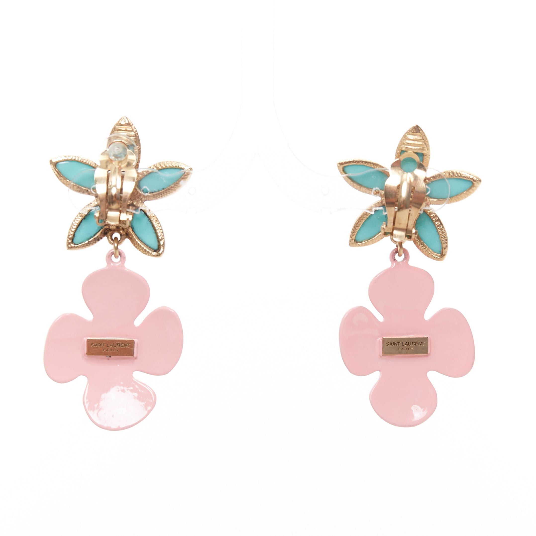 Saint Laurent Paris SAINT LAUERNT 2021 Runway turquoise stone pink daisy enamel clip earrings Pair Size ONE SIZE - 4 Thumbnail