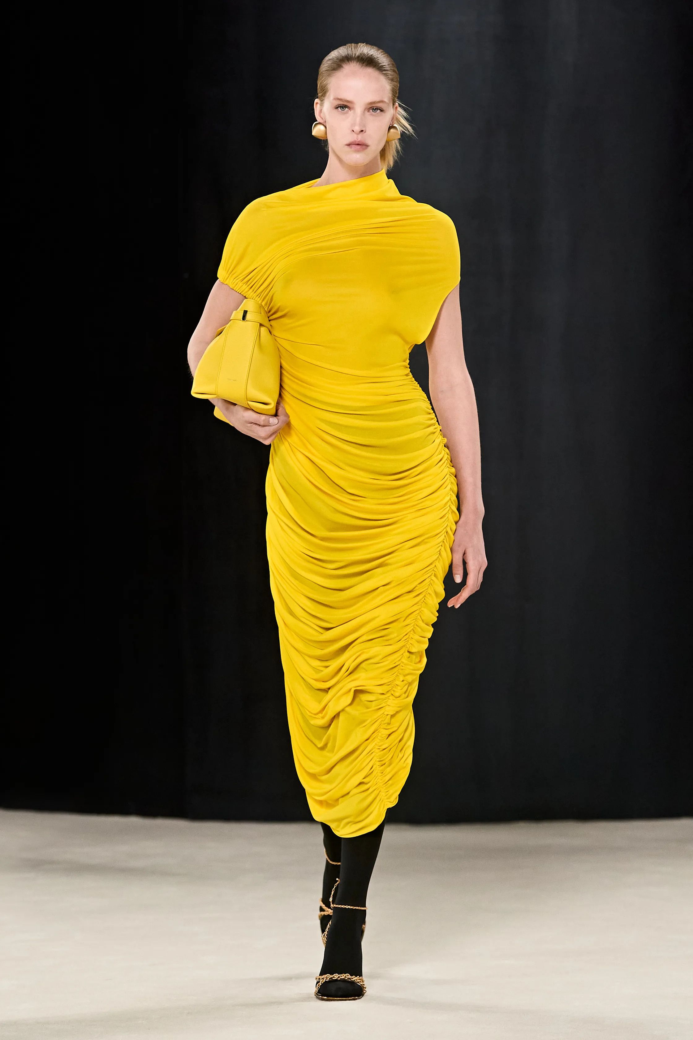 Salvatore Ferragamo FERRAGAMO Maximilian Davis 2023 Runway yellow asymmetric ruched dress IT38 XS Size XS / US 0-2 / IT 36-38 - 12 Thumbnail