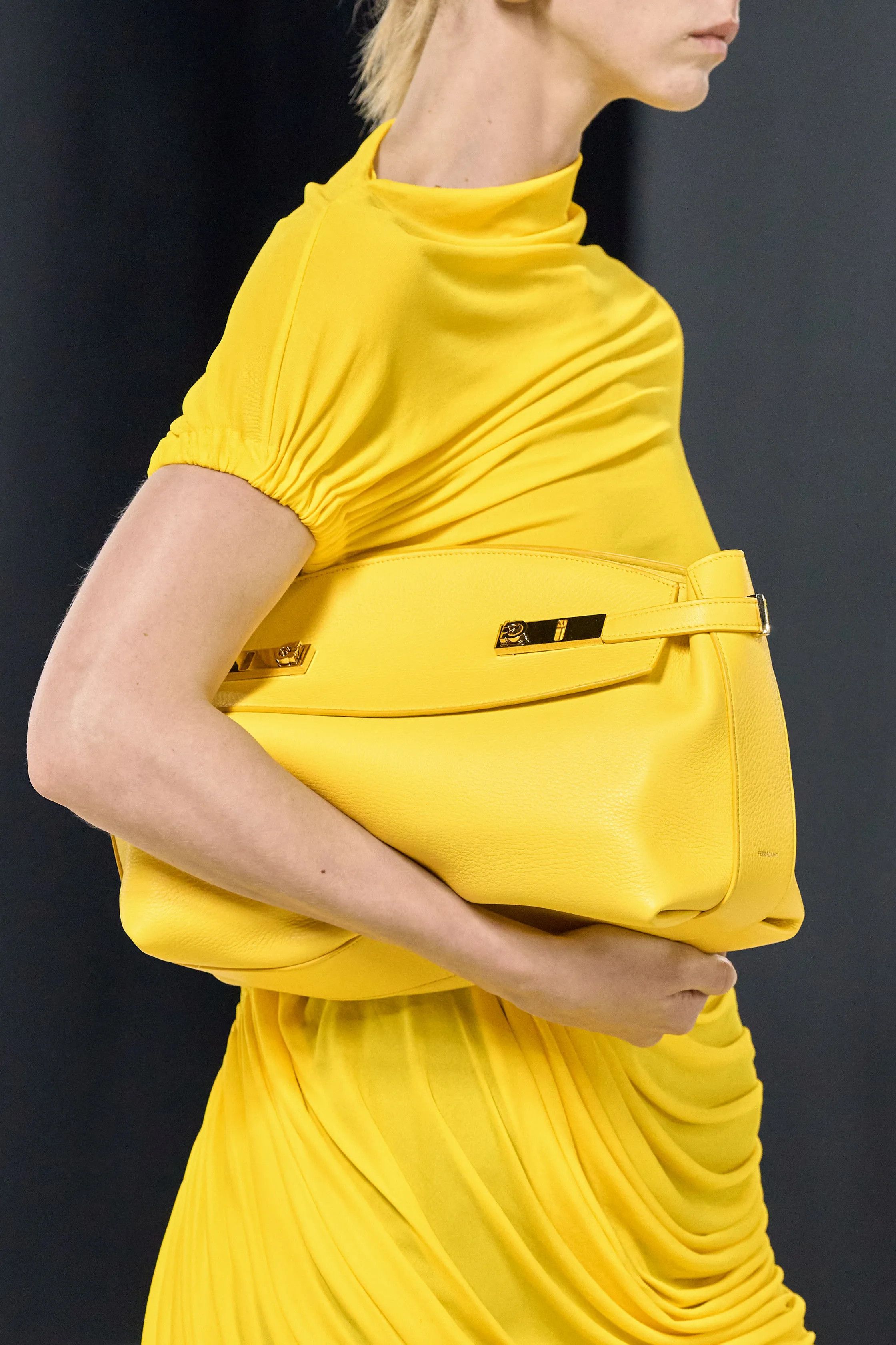 Salvatore Ferragamo FERRAGAMO Maximilian Davis 2023 Runway yellow asymmetric ruched dress IT38 XS Size XS / US 0-2 / IT 36-38 - 13 Thumbnail