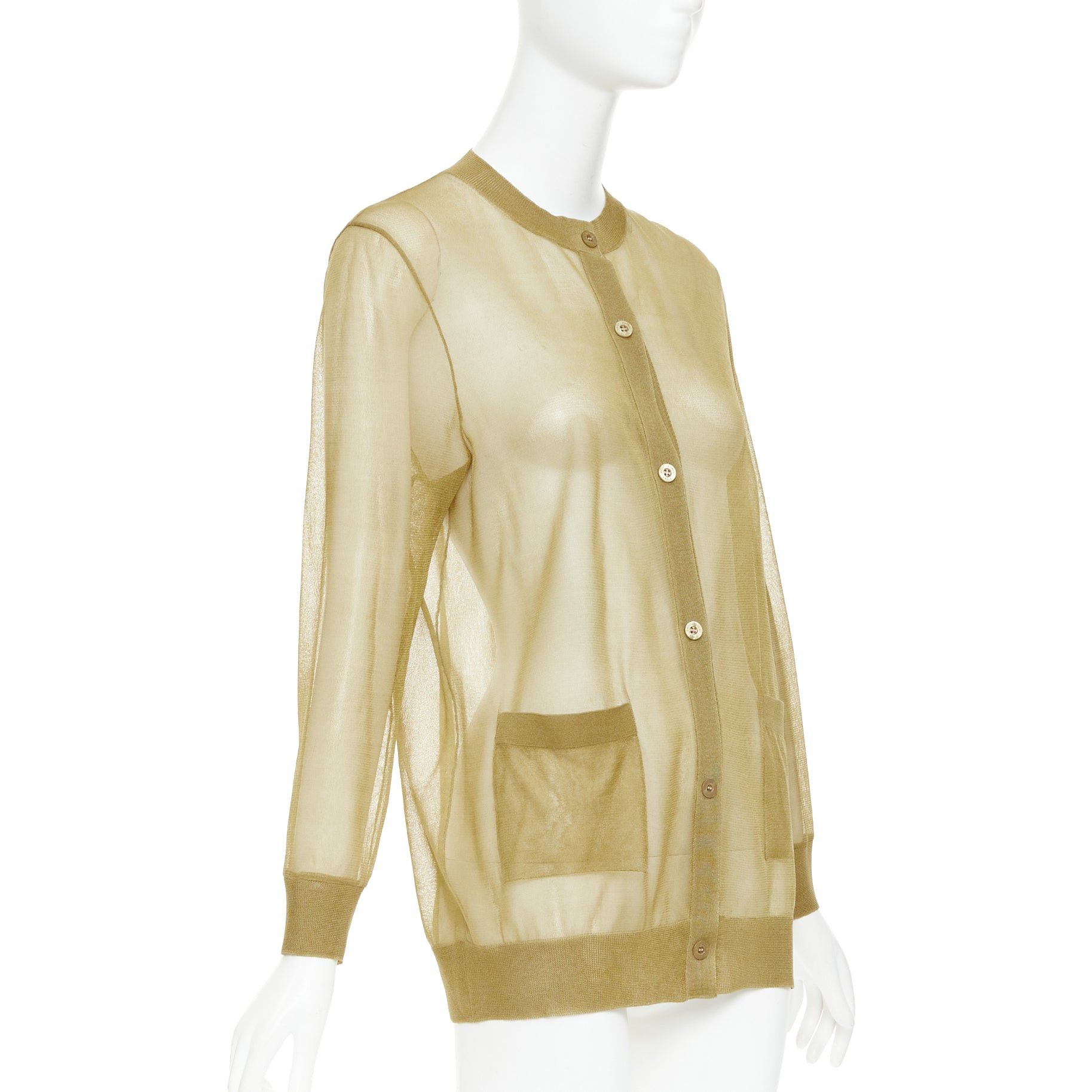 Saint Laurent Paris SAINT LAURENT 2024 100% silk beige gold sheer crew neck cardigan top L Size M / US 6-8 / IT 42-44 - 4 Thumbnail