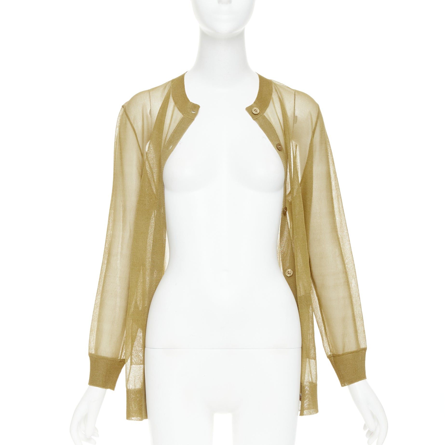 Saint Laurent Paris SAINT LAURENT 2024 100% silk beige gold sheer crew neck cardigan top L Size M / US 6-8 / IT 42-44 - 3 Thumbnail
