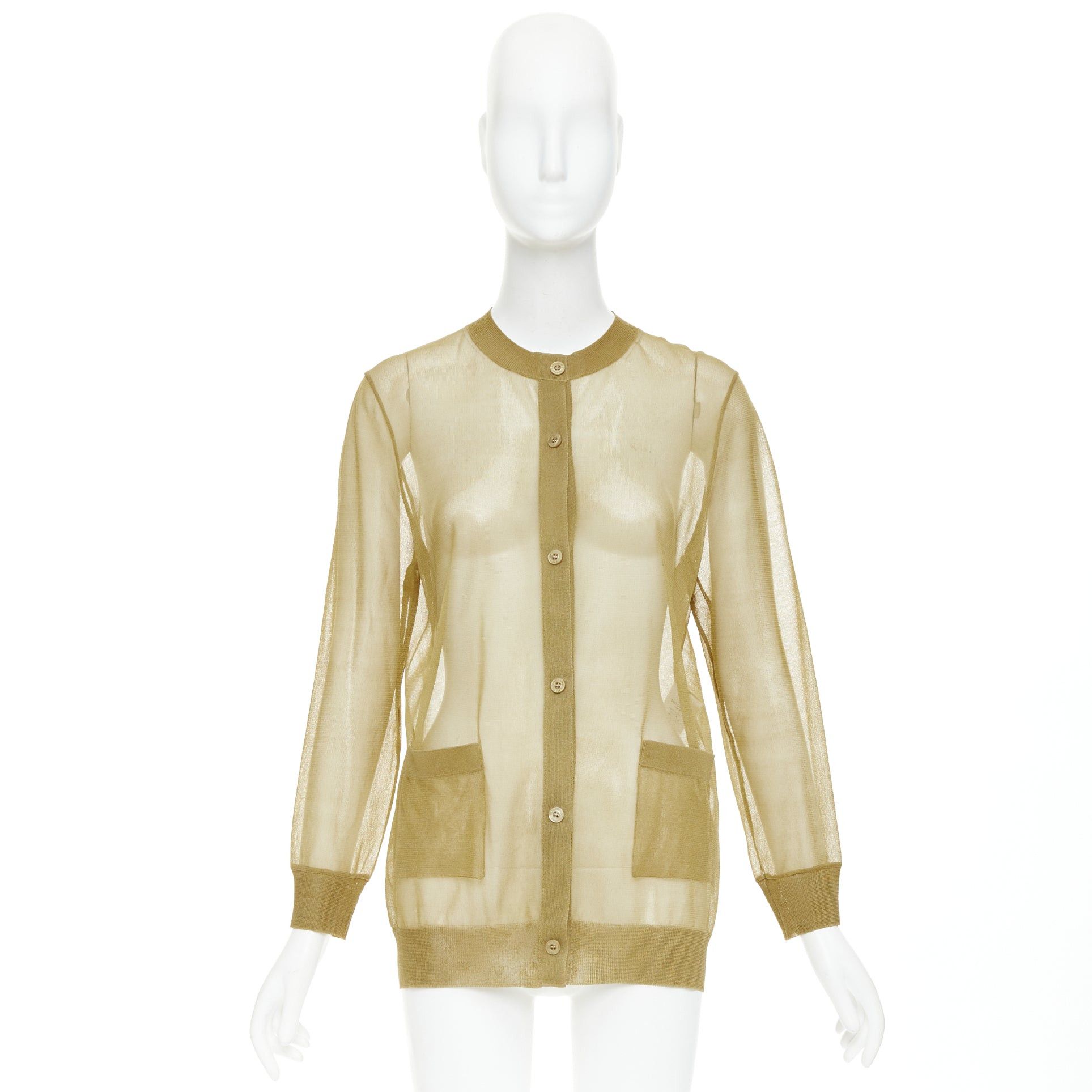Saint Laurent Paris SAINT LAURENT 2024 100% silk beige gold sheer crew neck cardigan top L Size M / US 6-8 / IT 42-44 - 10 Thumbnail