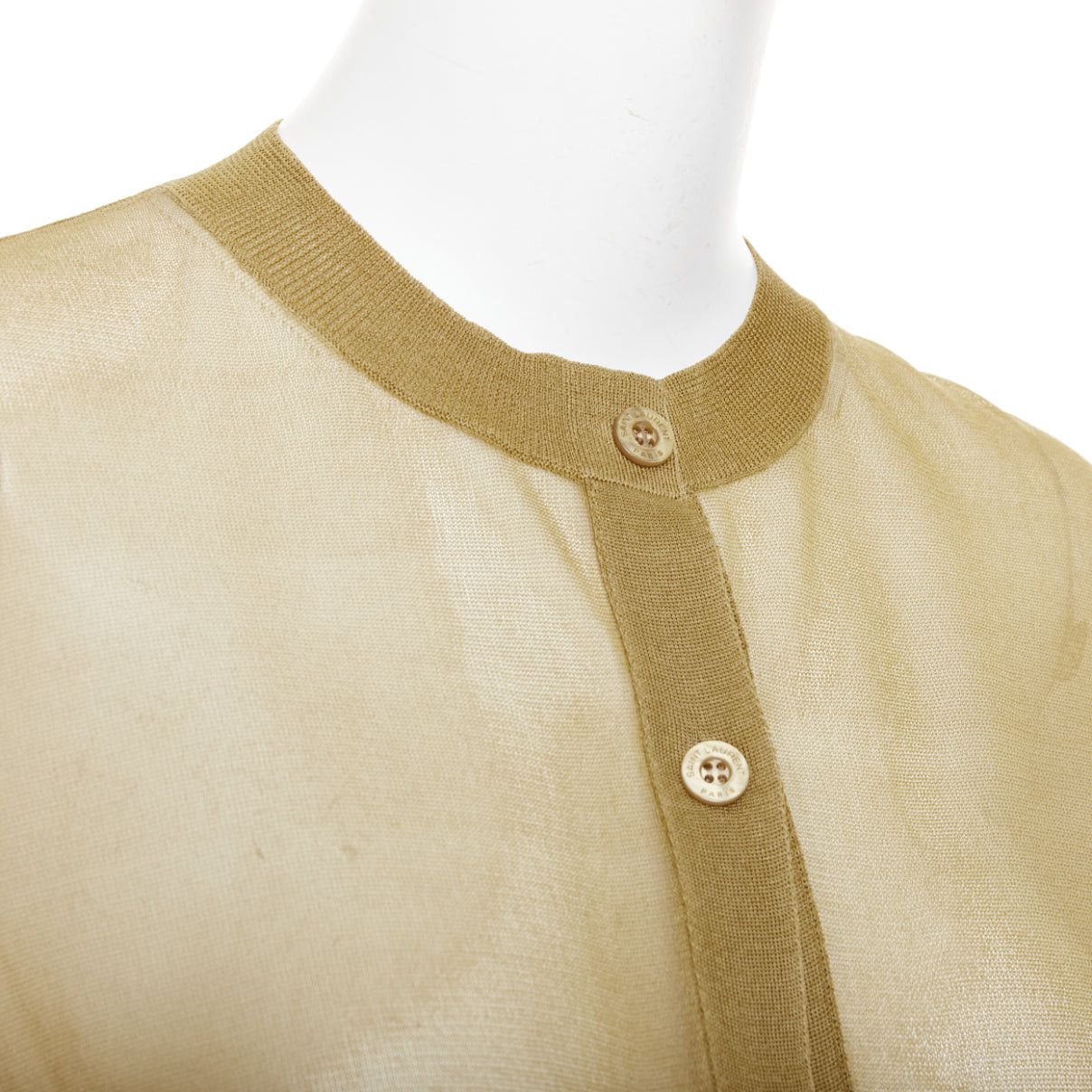Saint Laurent Paris SAINT LAURENT 2024 100% silk beige gold sheer crew neck cardigan top L Size M / US 6-8 / IT 42-44 - 8 Thumbnail