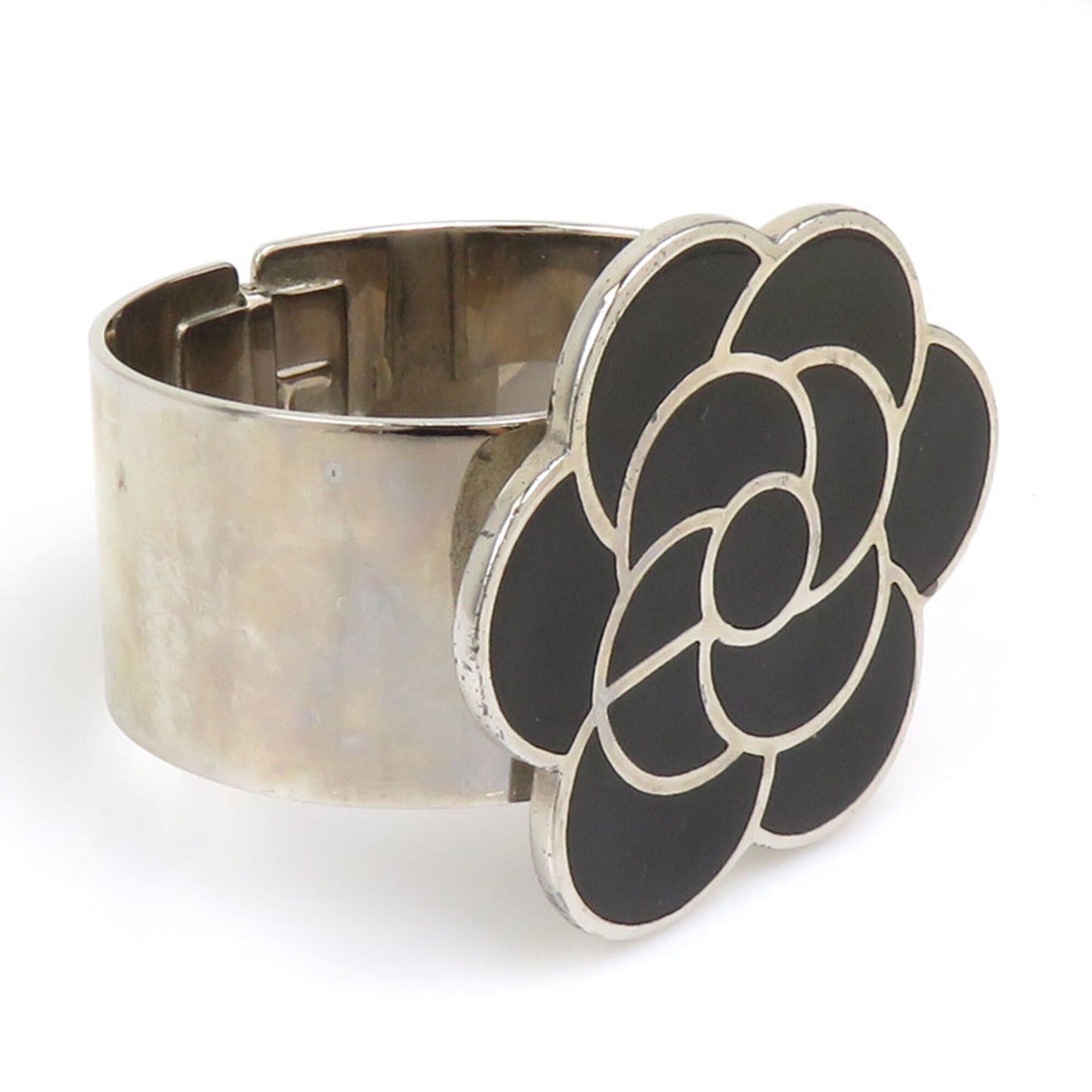 Chanel Chanel Bangle Bracelet Camellia Metal Enamel Silver Black Women's e61755i Size ONE SIZE - 2 Thumbnail