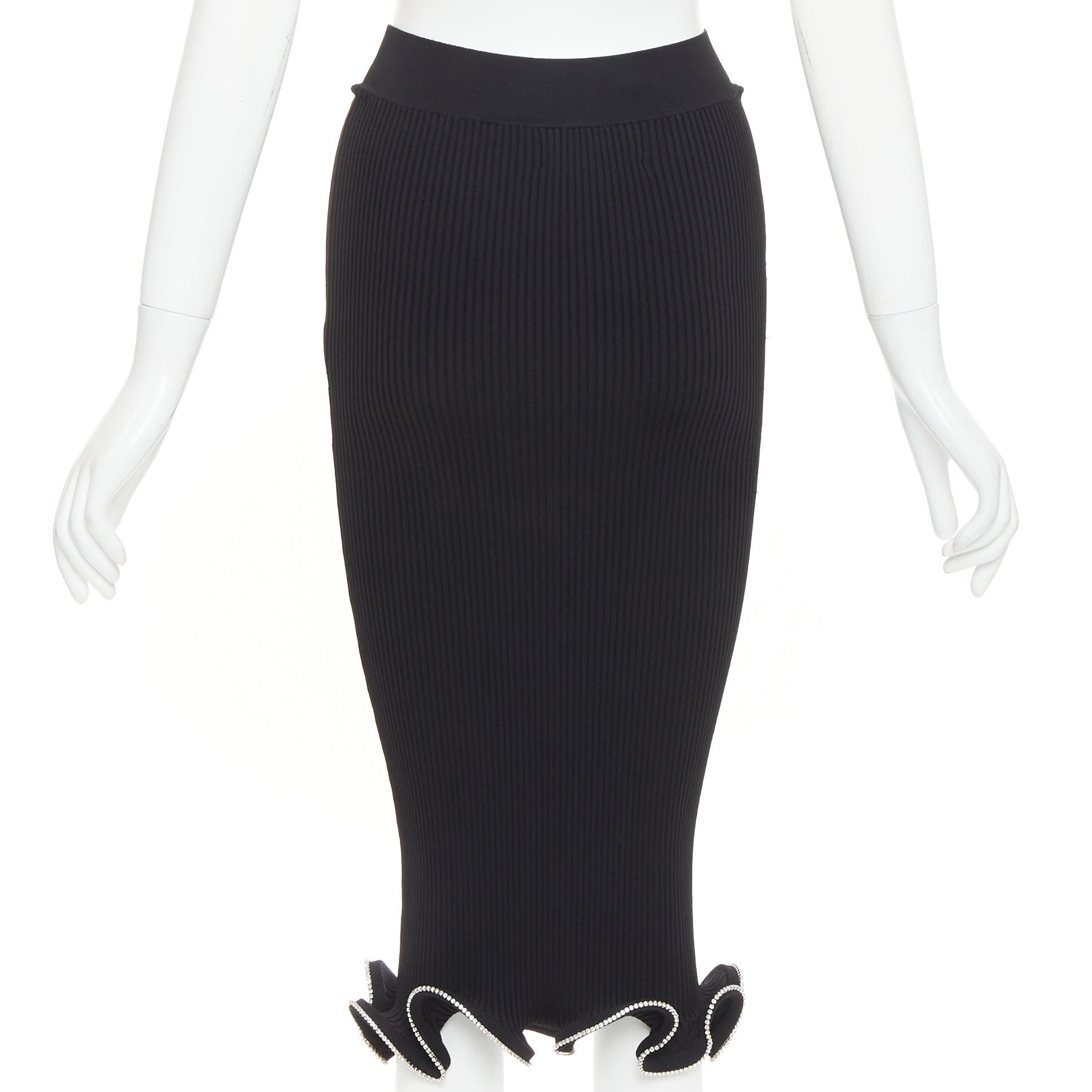 Alexandre Vauthier ALEXANDRE VAUTHIER black ribbed knit silver strass crystal flounce ruffle skirt Size 25" / US 0 / IT 36 - 5 Thumbnail