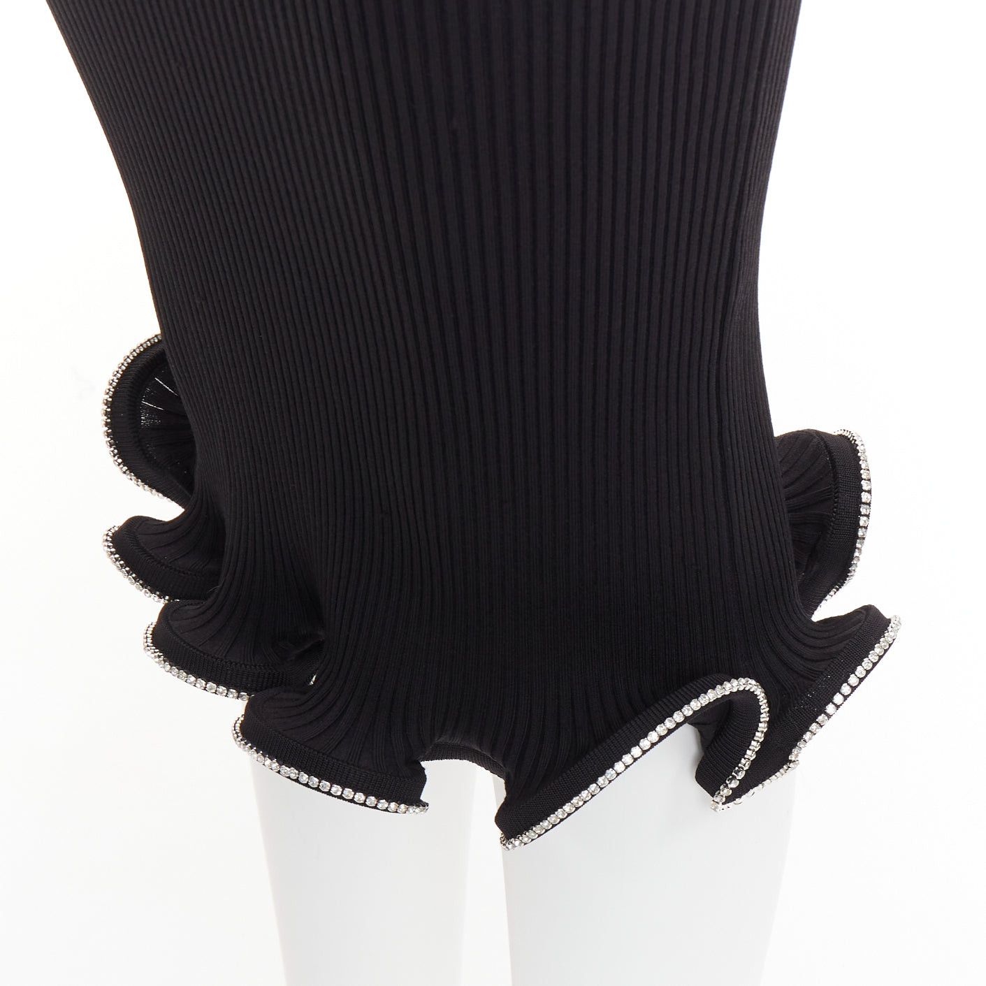 Alexandre Vauthier ALEXANDRE VAUTHIER black ribbed knit silver strass crystal flounce ruffle skirt Size 25" / US 0 / IT 36 - 7 Thumbnail