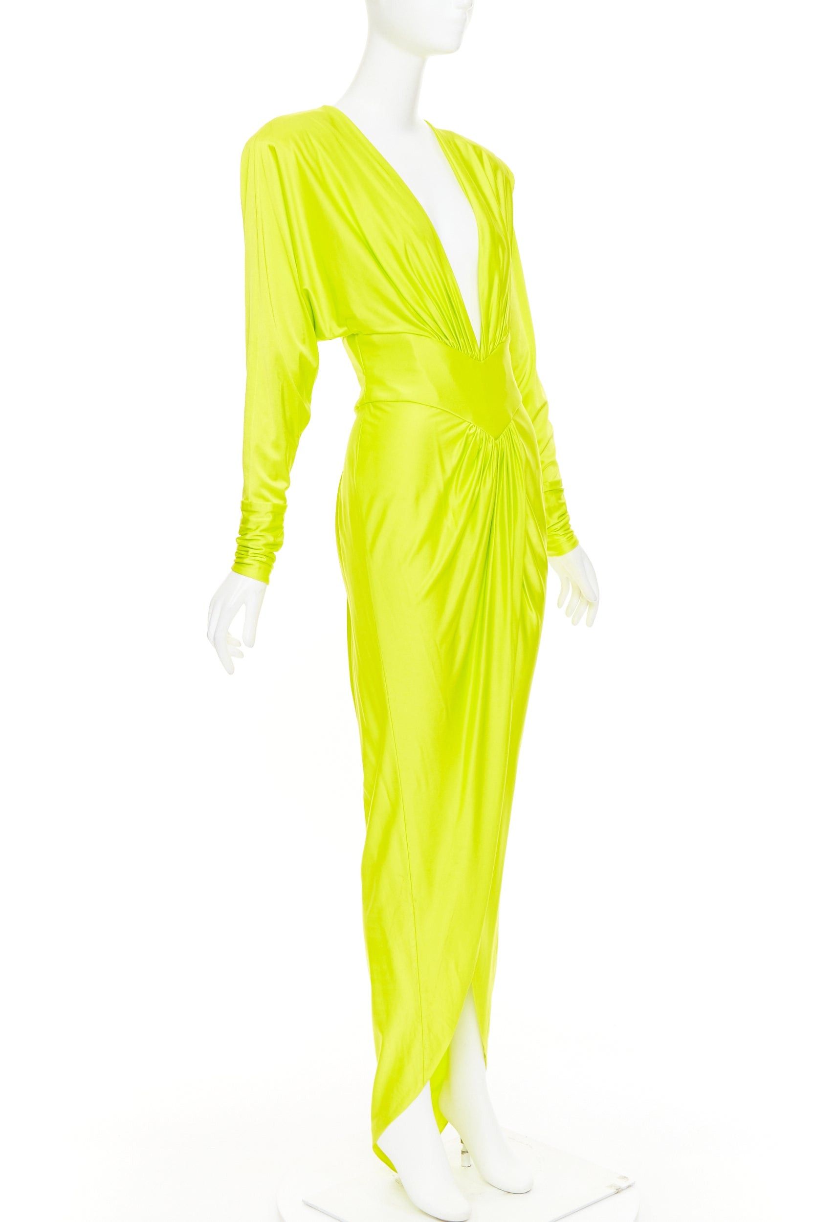 Alexandre Vauthier ALEXANDRE VAUTHIER neon yellow viscose Power shoulder plunge drape dress Size S / US 4 / IT 40 - 3 Thumbnail