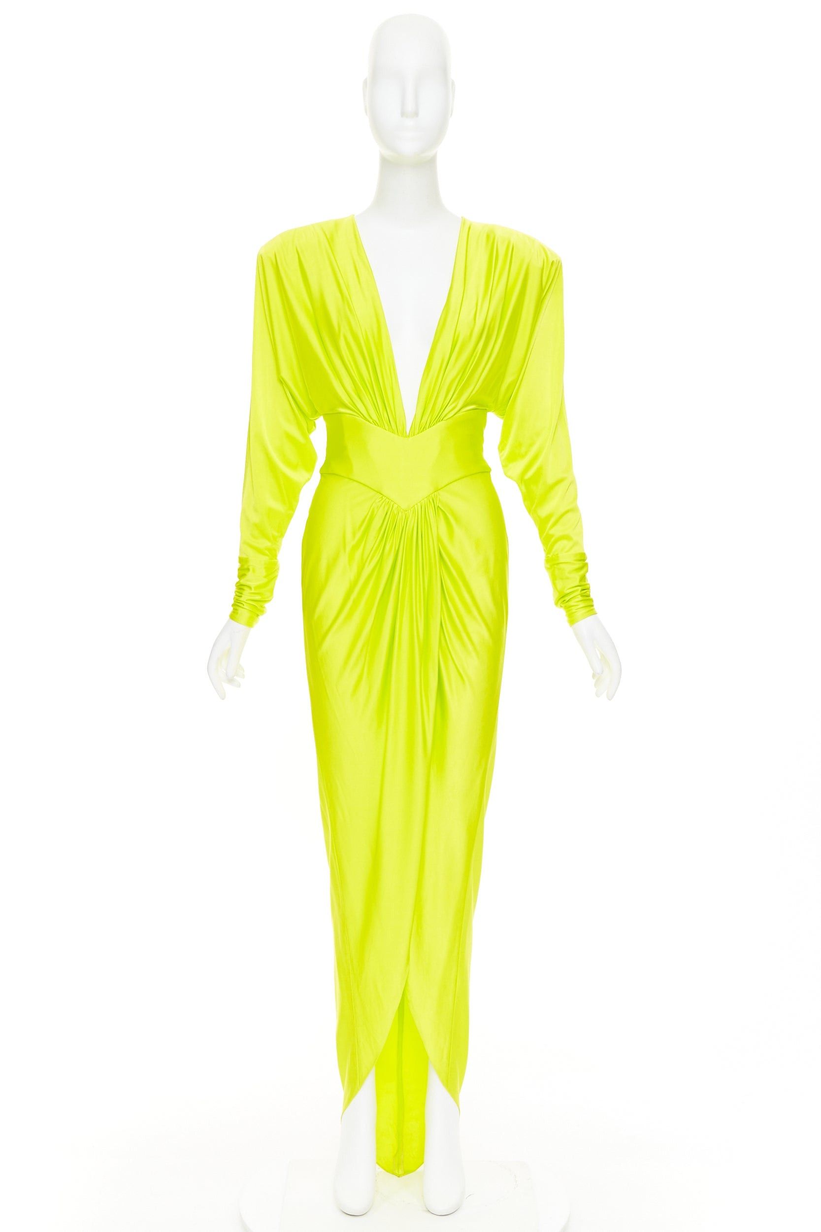 Alexandre Vauthier ALEXANDRE VAUTHIER neon yellow viscose Power shoulder plunge drape dress Size S / US 4 / IT 40 - 11 Thumbnail