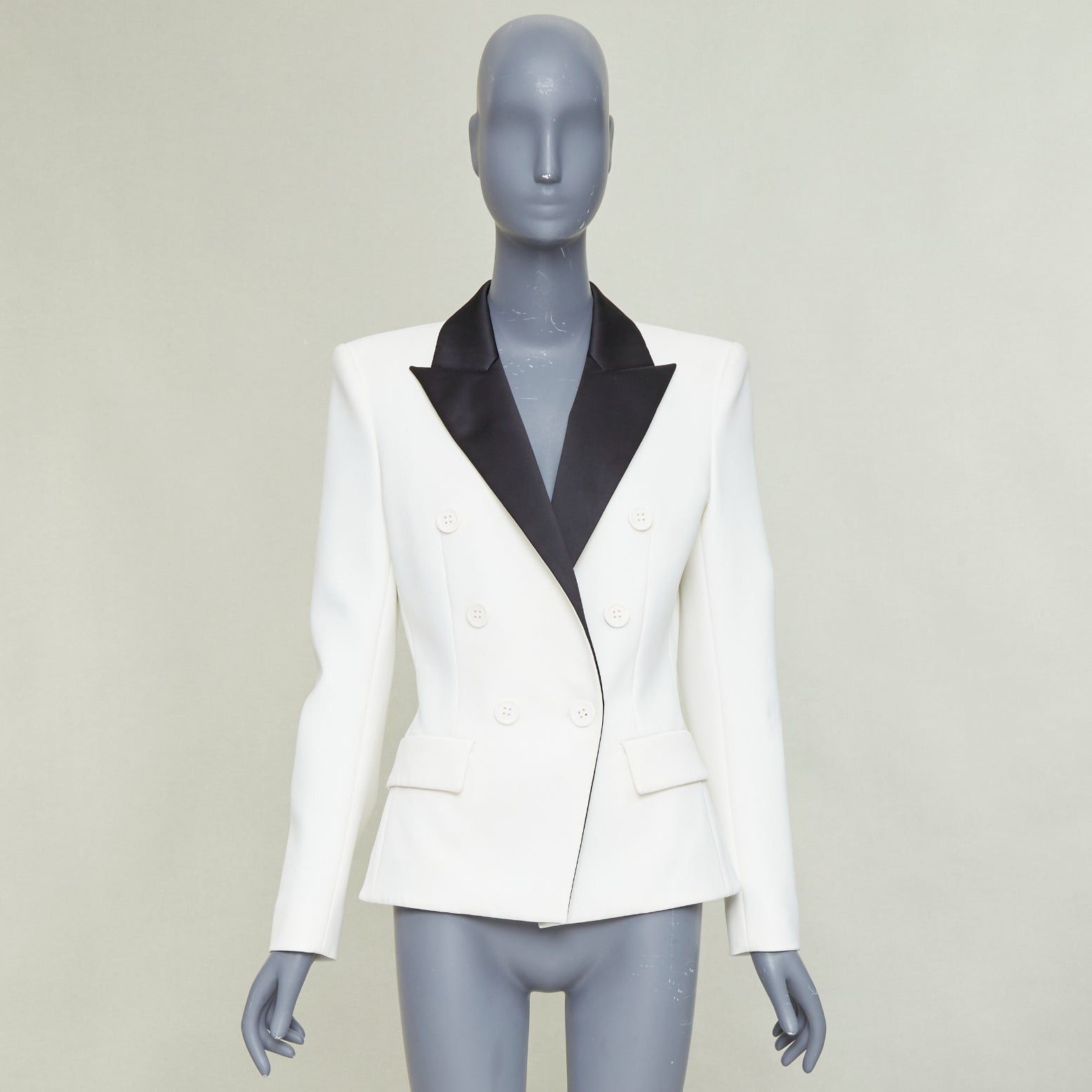 Alexandre Vauthier ALEXANDRE VAUTHIER off white black satin lapel double breasted tuxedo jacket Size S / US 4 / IT 40 - 11 Thumbnail