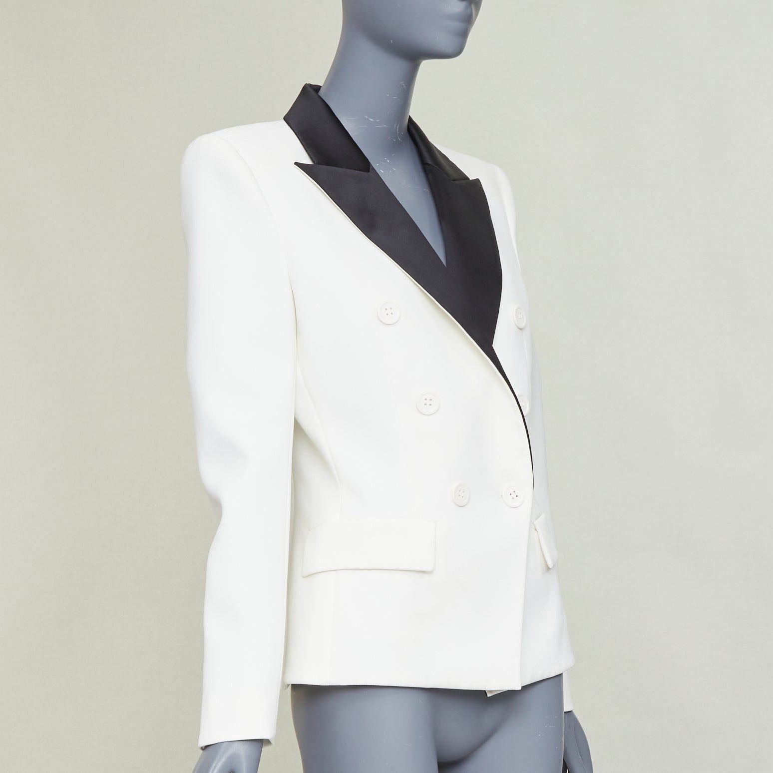 Alexandre Vauthier ALEXANDRE VAUTHIER off white black satin lapel double breasted tuxedo jacket Size S / US 4 / IT 40 - 4 Thumbnail