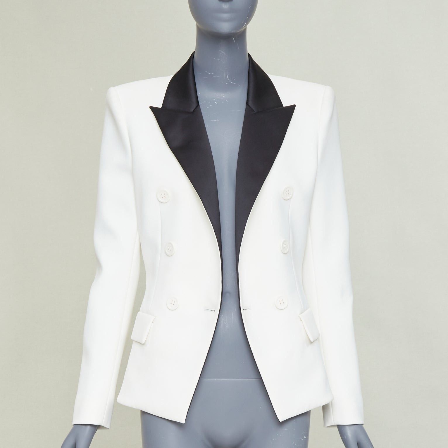 Alexandre Vauthier ALEXANDRE VAUTHIER off white black satin lapel double breasted tuxedo jacket Size S / US 4 / IT 40 - 3 Thumbnail