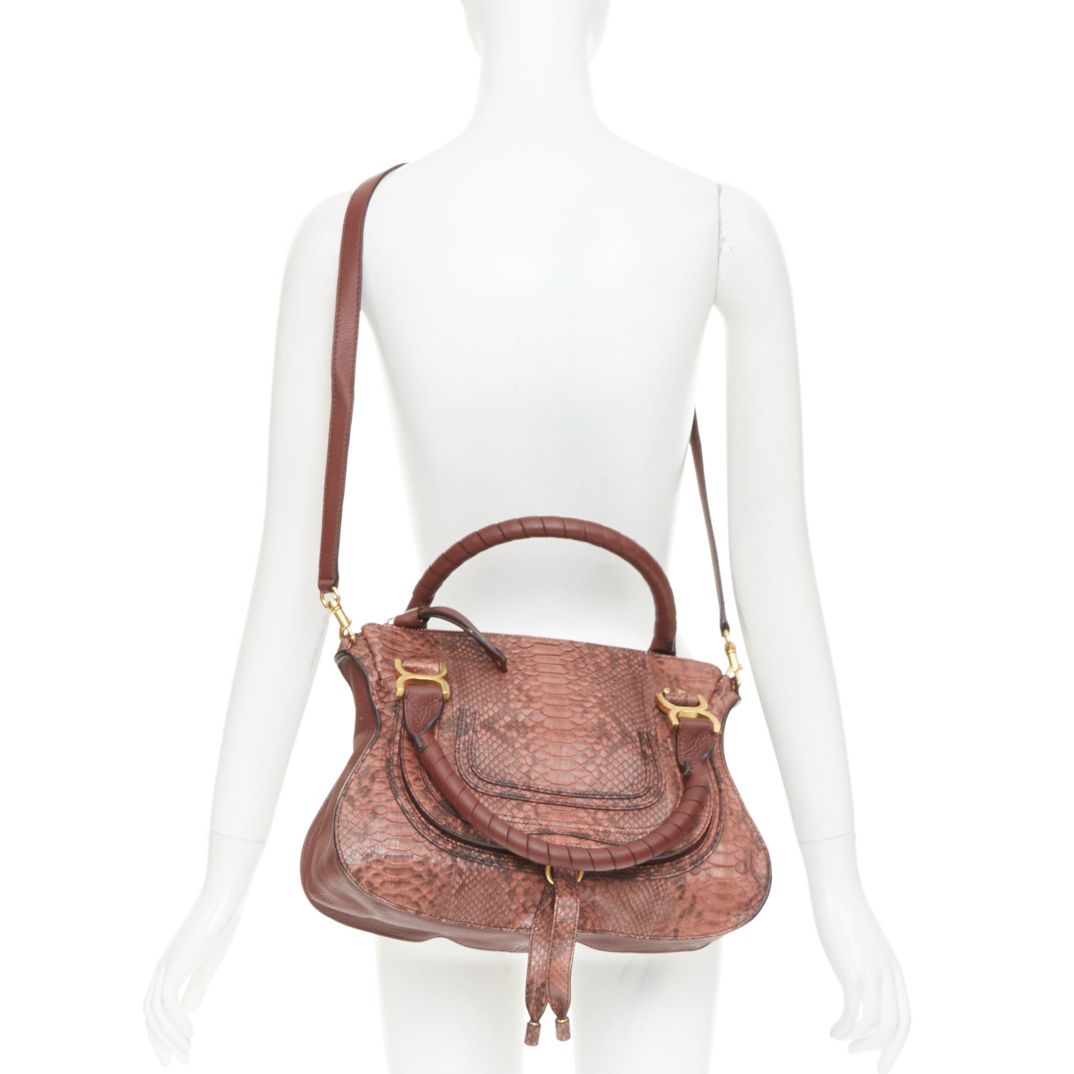 Chloe CHLOE Marcie Medium reddish brown snakeskin leather gold hardware 2 way satchel handbag Size ONE SIZE - 2 Thumbnail