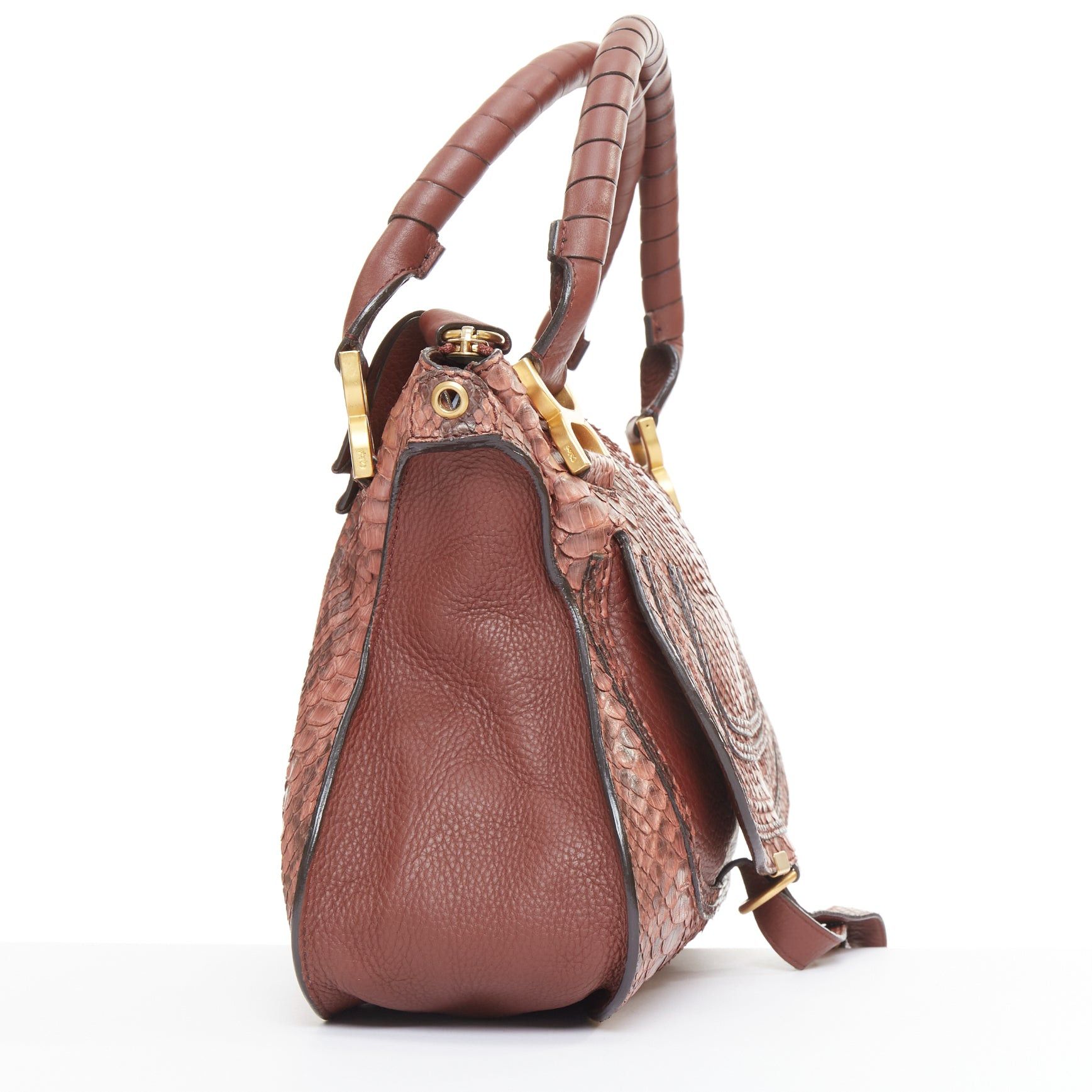 Chloe CHLOE Marcie Medium reddish brown snakeskin leather gold hardware 2 way satchel handbag Size ONE SIZE - 4 Thumbnail