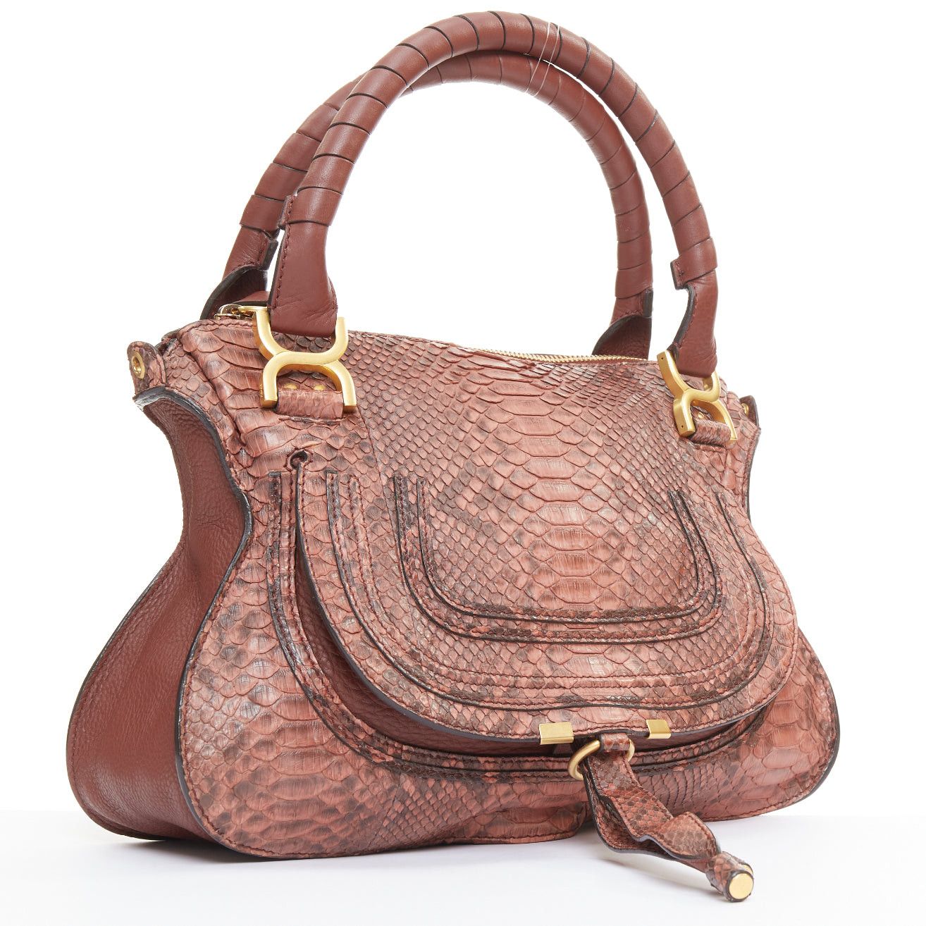 Chloe CHLOE Marcie Medium reddish brown snakeskin leather gold hardware 2 way satchel handbag Size ONE SIZE - 3 Thumbnail