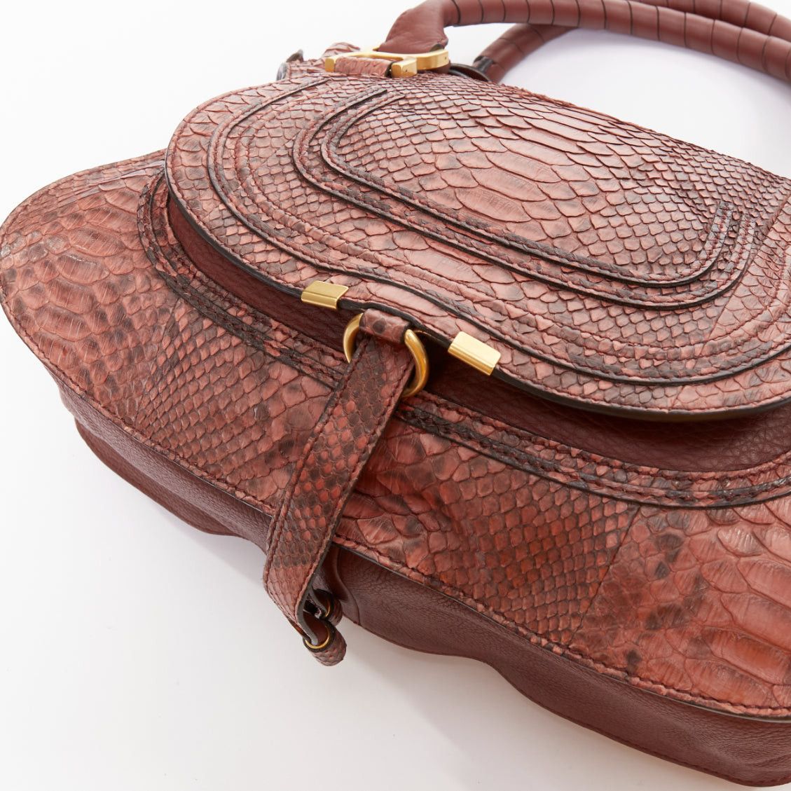Chloe CHLOE Marcie Medium reddish brown snakeskin leather gold hardware 2 way satchel handbag Size ONE SIZE - 7 Thumbnail