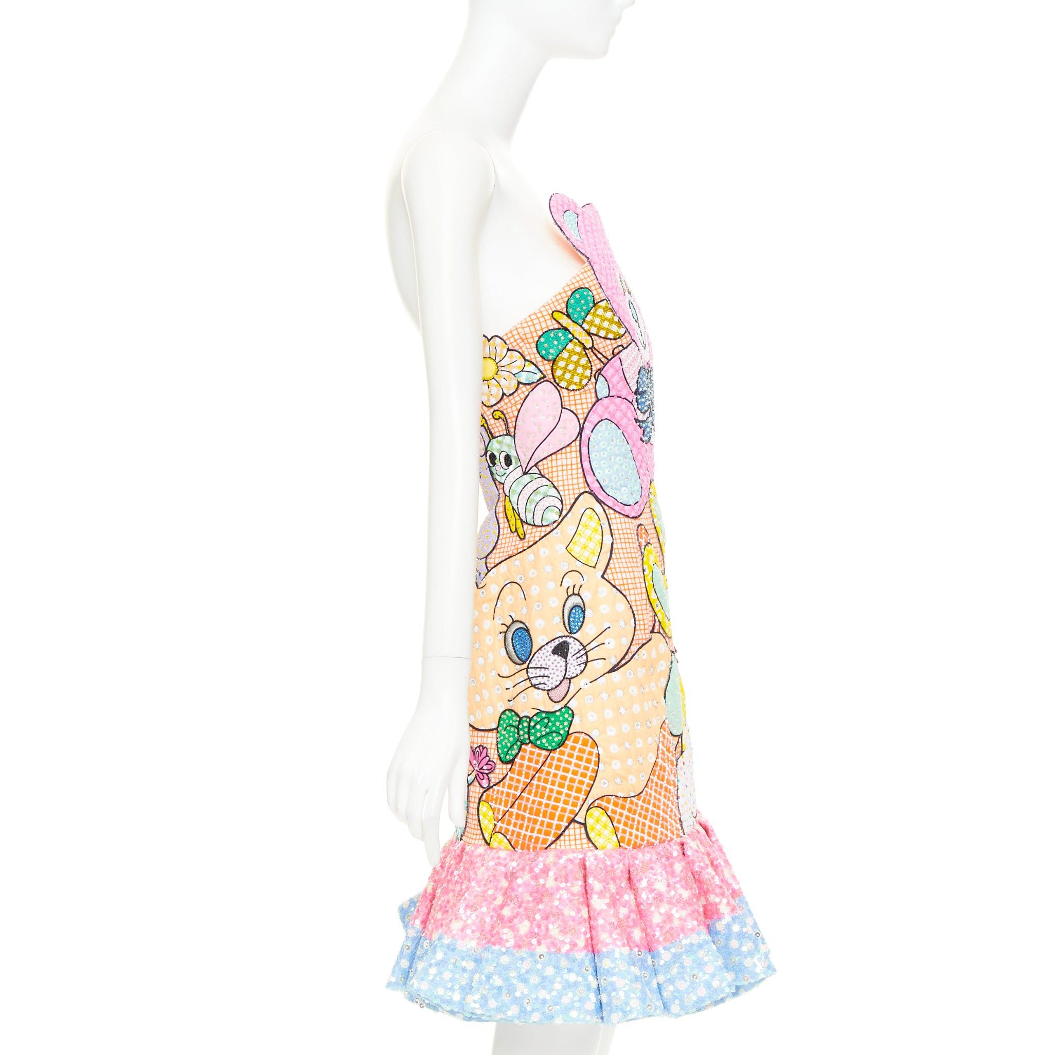 Moschino MOSCHINO COUTURE! 2022 Runway Calico Animals pink multicolor bear rabbit sequinned quilted mini dress IT40 S Size S / US 4 / IT 40 - 4 Thumbnail