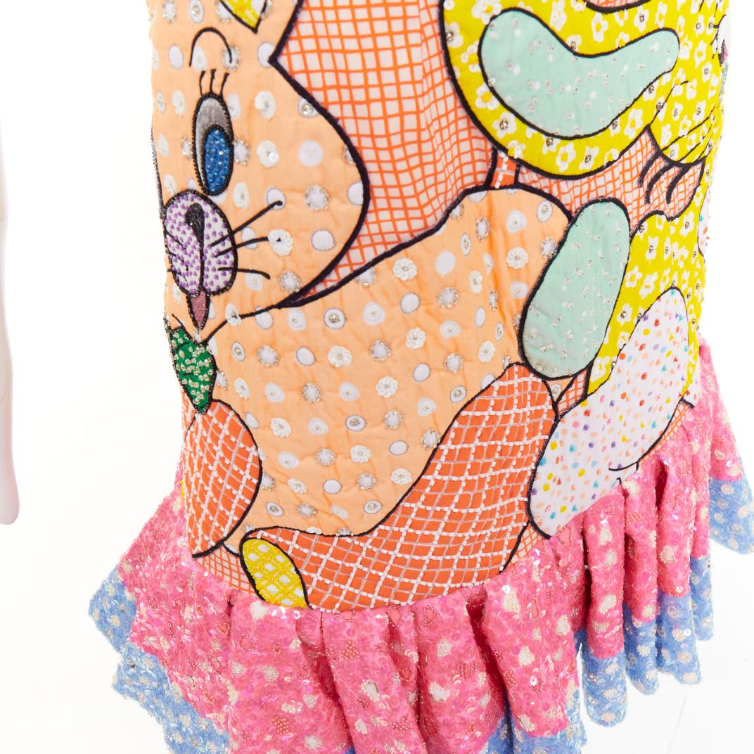 Moschino MOSCHINO COUTURE! 2022 Runway Calico Animals pink multicolor bear rabbit sequinned quilted mini dress IT40 S Size S / US 4 / IT 40 - 2 Thumbnail