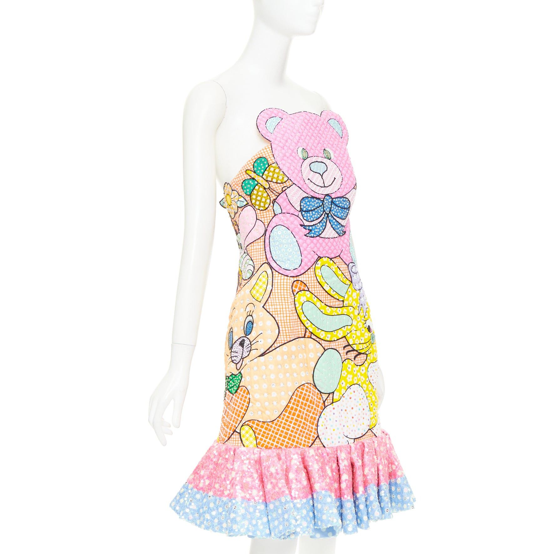 Moschino MOSCHINO COUTURE! 2022 Runway Calico Animals pink multicolor bear rabbit sequinned quilted mini dress IT40 S Size S / US 4 / IT 40 - 3 Thumbnail