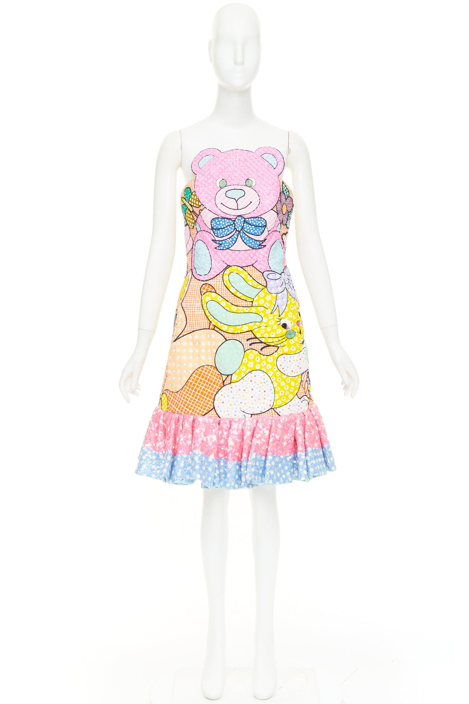 Moschino MOSCHINO COUTURE! 2022 Runway Calico Animals pink multicolor bear rabbit sequinned quilted mini dress IT40 S Size S / US 4 / IT 40 - 13 Thumbnail