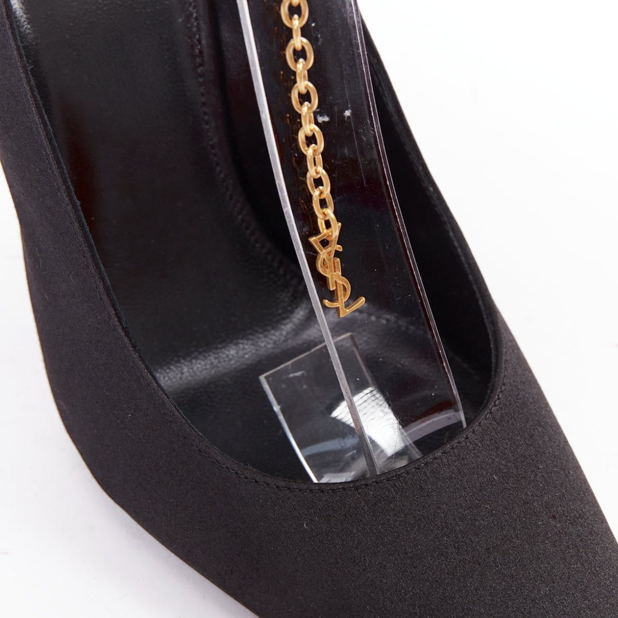 Saint Laurent Paris SAINT LAURENT black satin gold-tone YSL chain anklet point toe stiletto EU38 Size US 8 / IT 38 - 7 Thumbnail