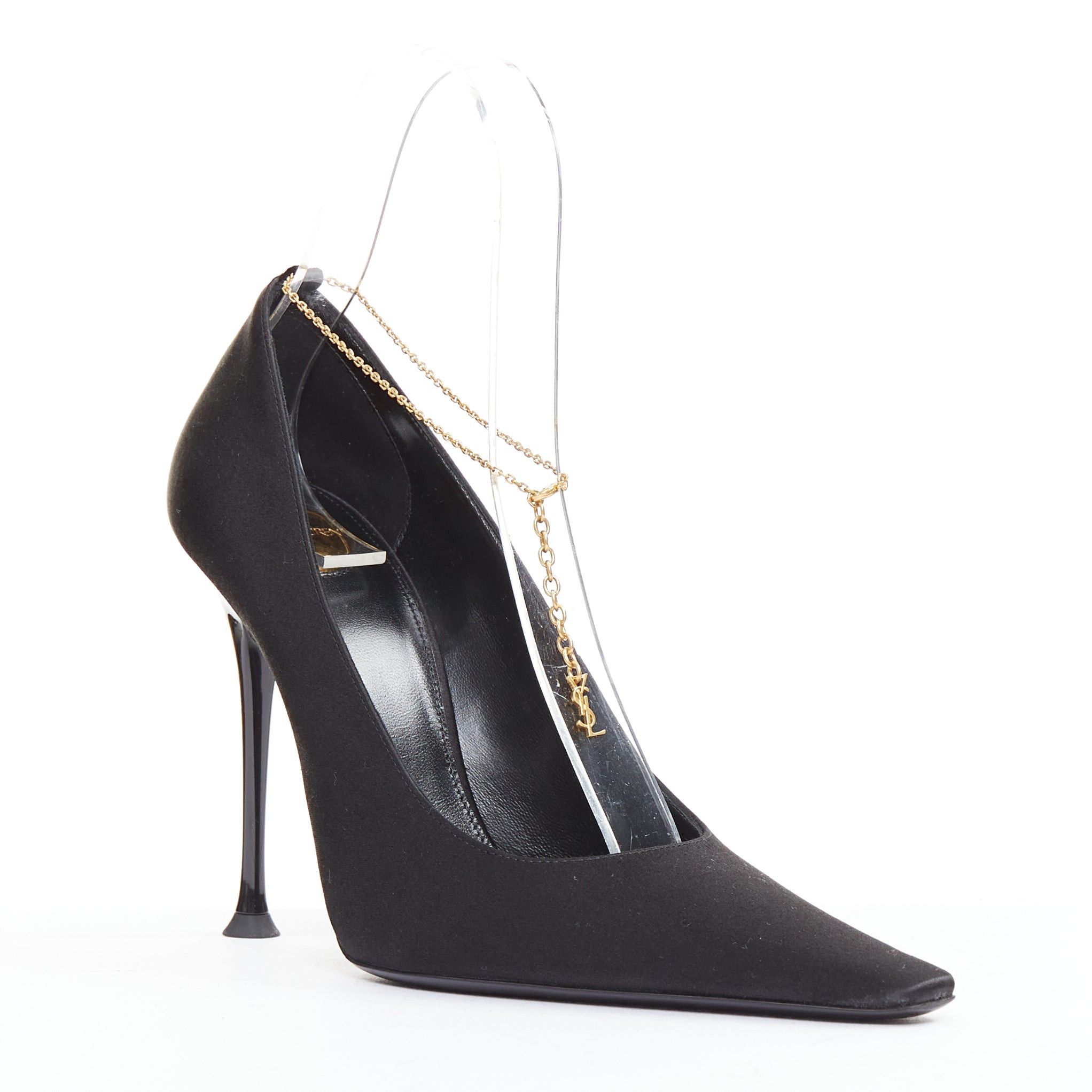 Saint Laurent Paris SAINT LAURENT black satin gold-tone YSL chain anklet point toe stiletto EU38 Size US 8 / IT 38 - 2 Thumbnail