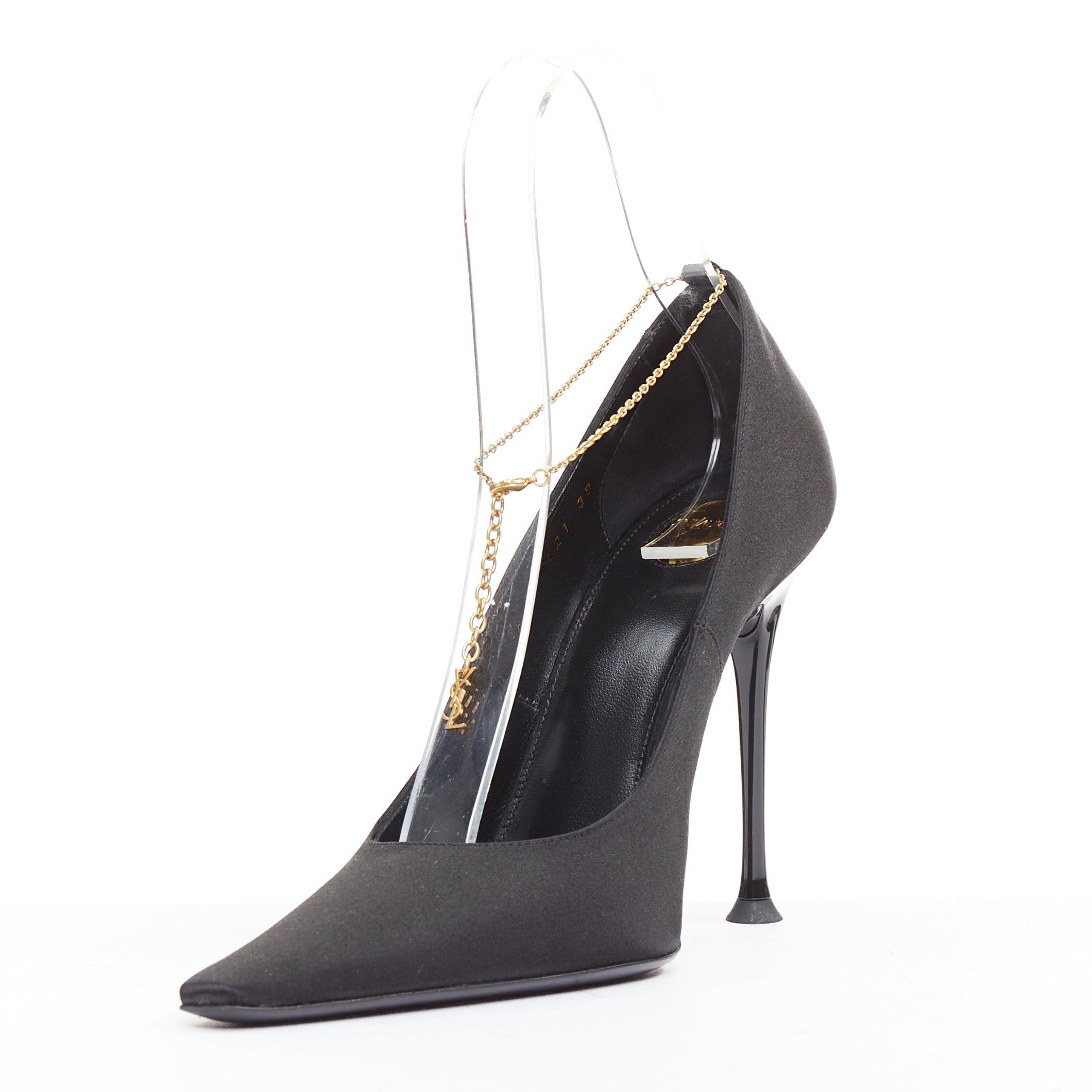 Saint Laurent Paris SAINT LAURENT black satin gold-tone YSL chain anklet point toe stiletto EU38 Size US 8 / IT 38 - 4 Thumbnail