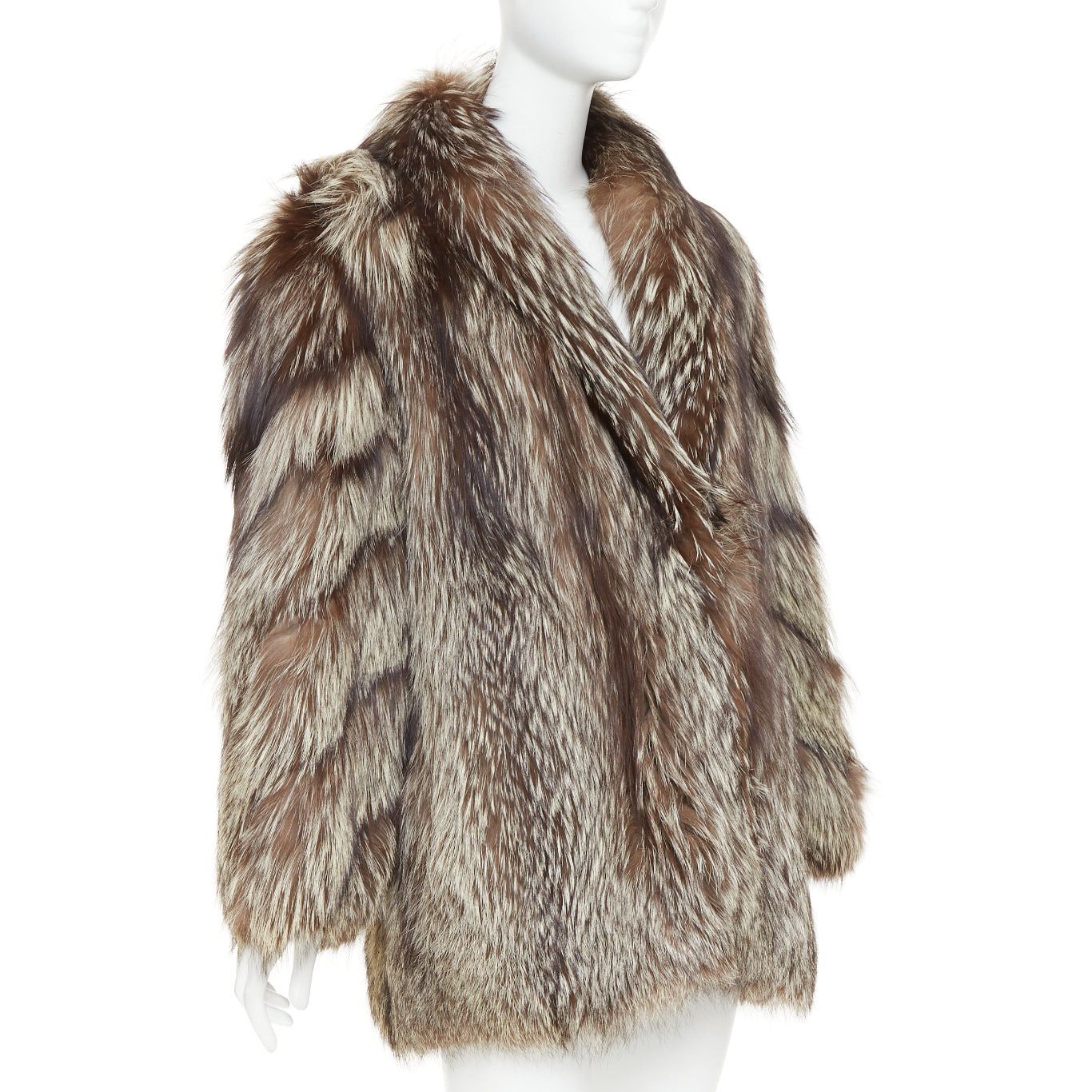 Other Natural Silver Fox brown oversized boxy shawl collar fur coat Sz. 12 XL Size XL / US 12-14 / IT 48-50 - 4 Thumbnail