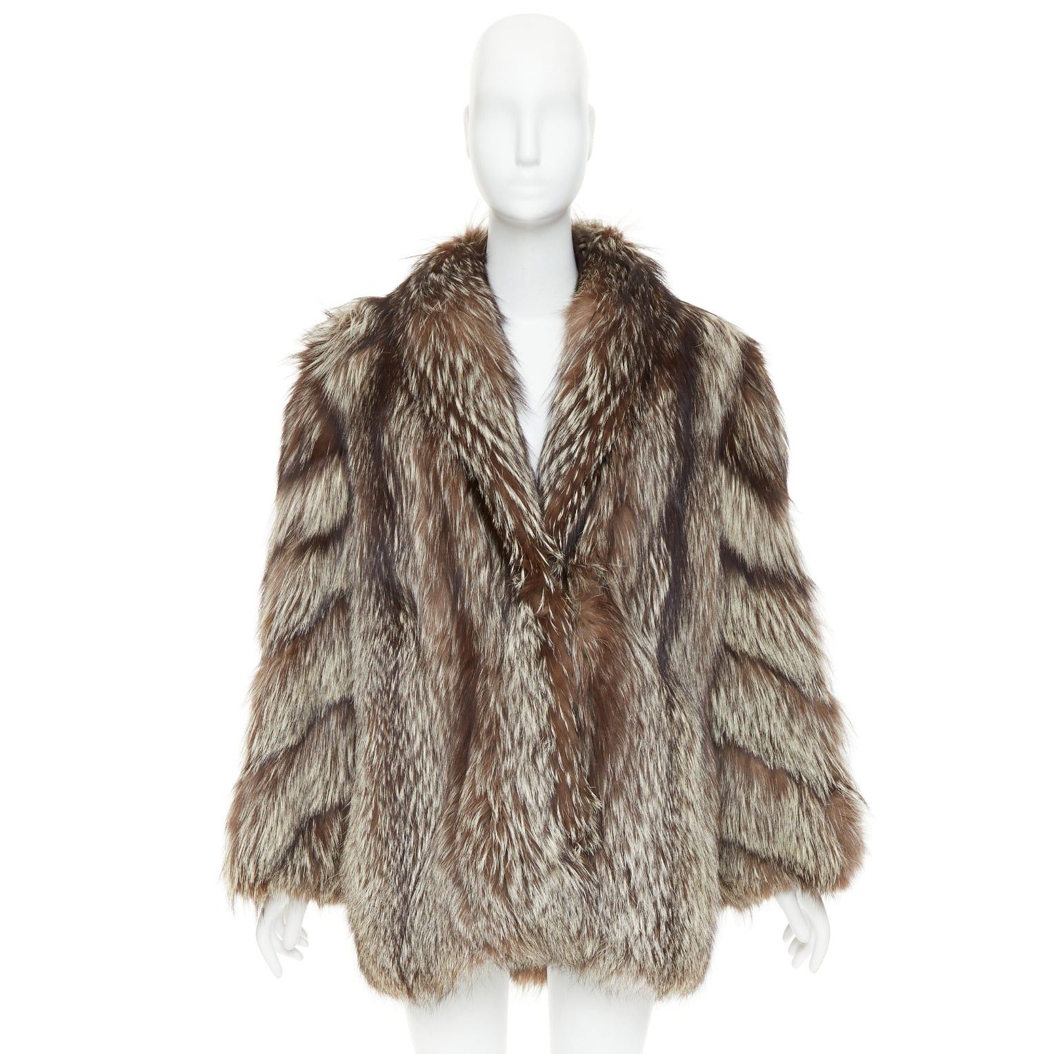 Other Natural Silver Fox brown oversized boxy shawl collar fur coat Sz. 12 XL Size XL / US 12-14 / IT 48-50 - 10 Thumbnail