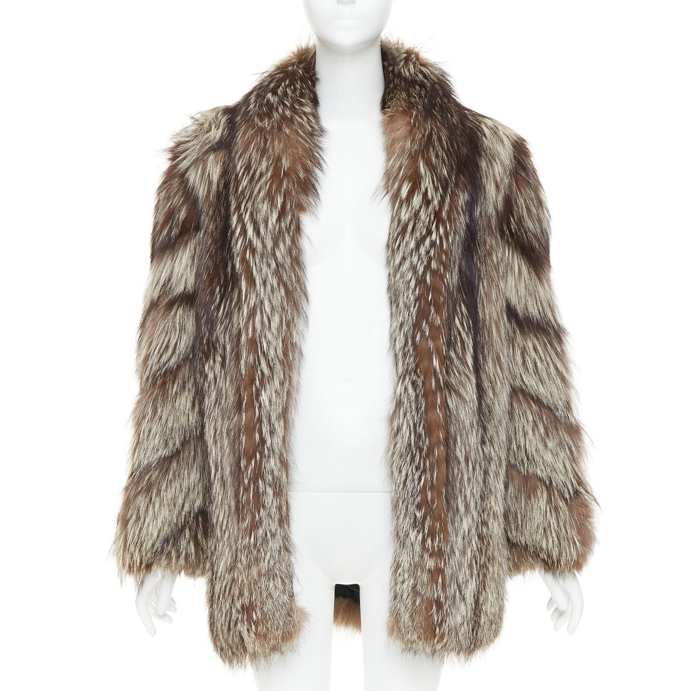 Other Natural Silver Fox brown oversized boxy shawl collar fur coat Sz. 12 XL Size XL / US 12-14 / IT 48-50 - 3 Thumbnail