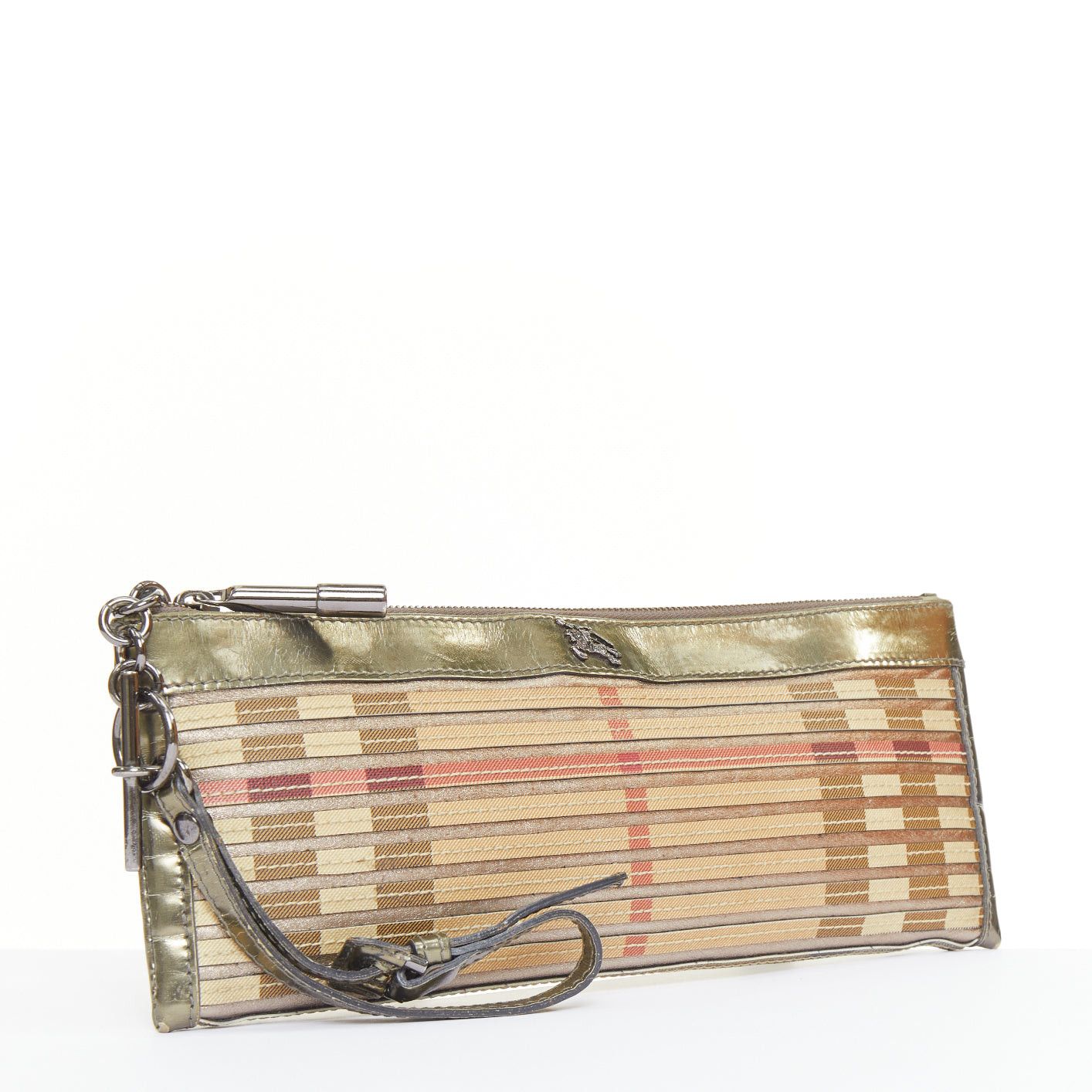 Burberry BURBERRY Nova Check metallic gold leather House Check applique zip clutch wristlet Size ONE SIZE - 3 Thumbnail