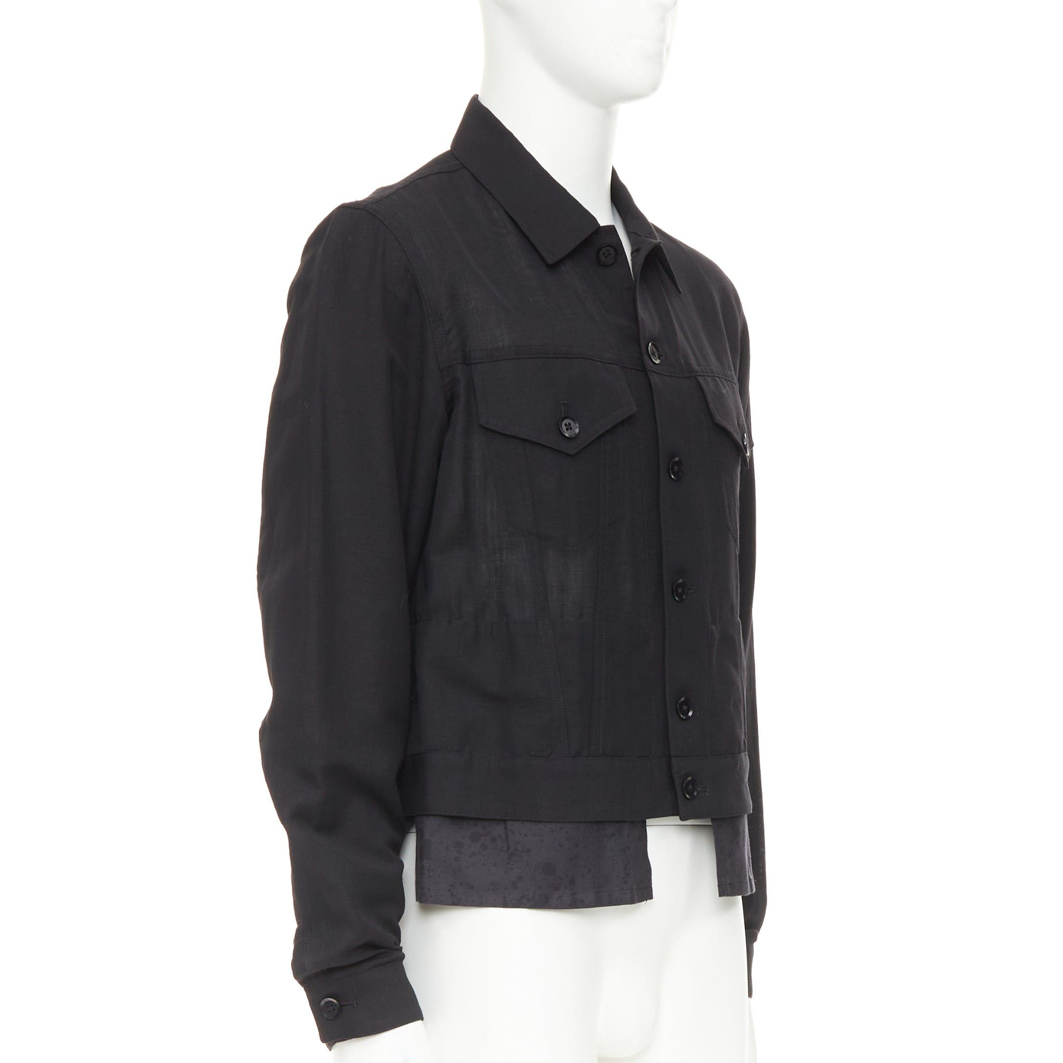 Yohji Yamamoto YOHJI YAMAMOTO Pour Homme black wool linen layered cropped trucker jacket JP4 XL Size US XL / EU 56 / 4 - 3 Thumbnail