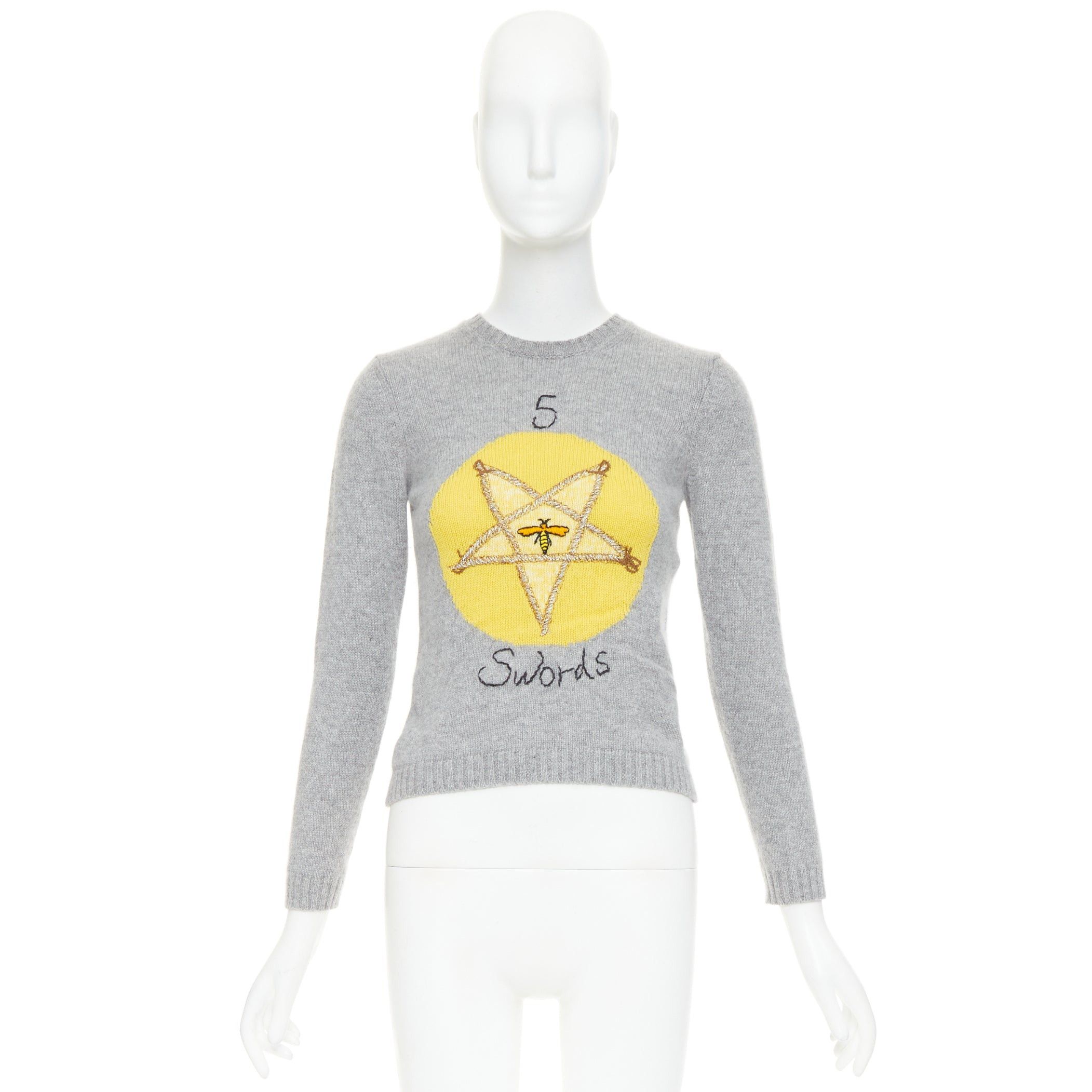 Dior CHRISTIAN DIOR 100% cashmere 5 of Swords grey yellow embroidered cropped sweater FR34 XS Size XS / US 0-2 / IT 36-38 - 9 Thumbnail
