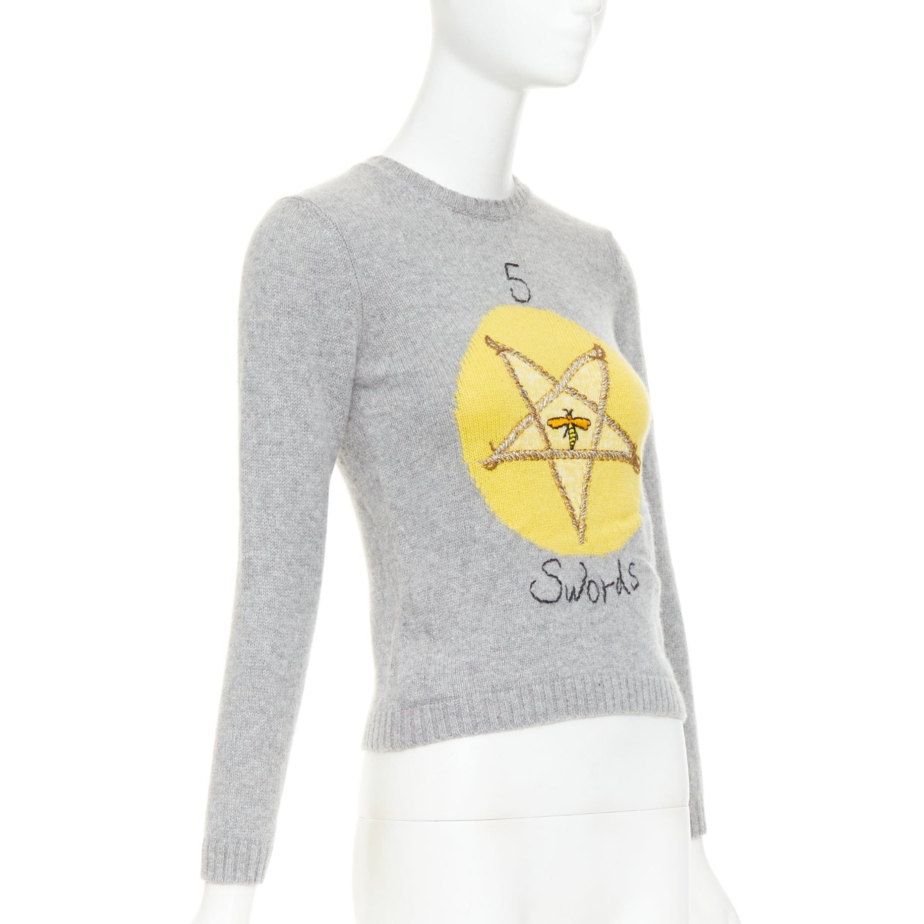 Dior CHRISTIAN DIOR 100% cashmere 5 of Swords grey yellow embroidered cropped sweater FR34 XS Size XS / US 0-2 / IT 36-38 - 3 Thumbnail