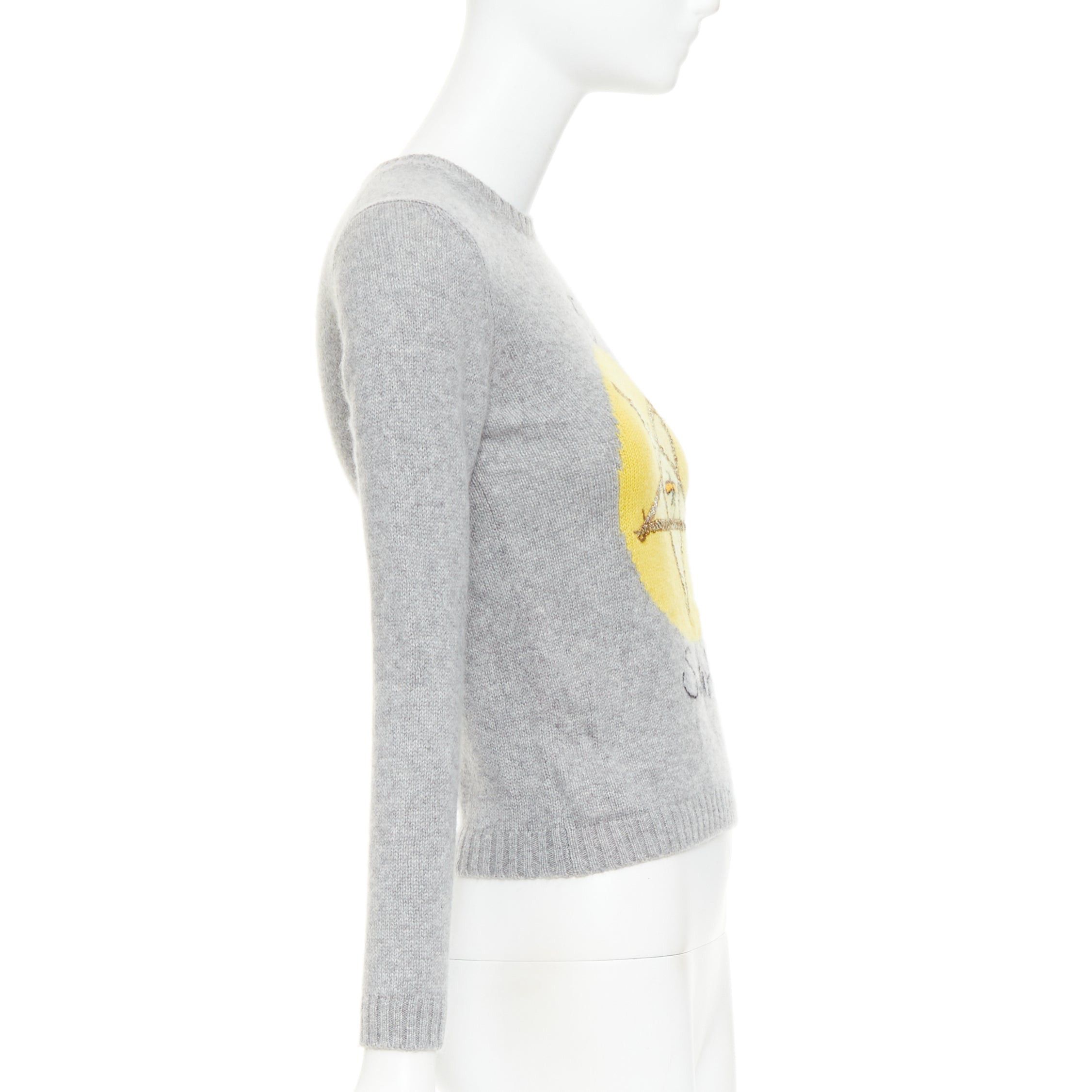 Dior CHRISTIAN DIOR 100% cashmere 5 of Swords grey yellow embroidered cropped sweater FR34 XS Size XS / US 0-2 / IT 36-38 - 4 Thumbnail