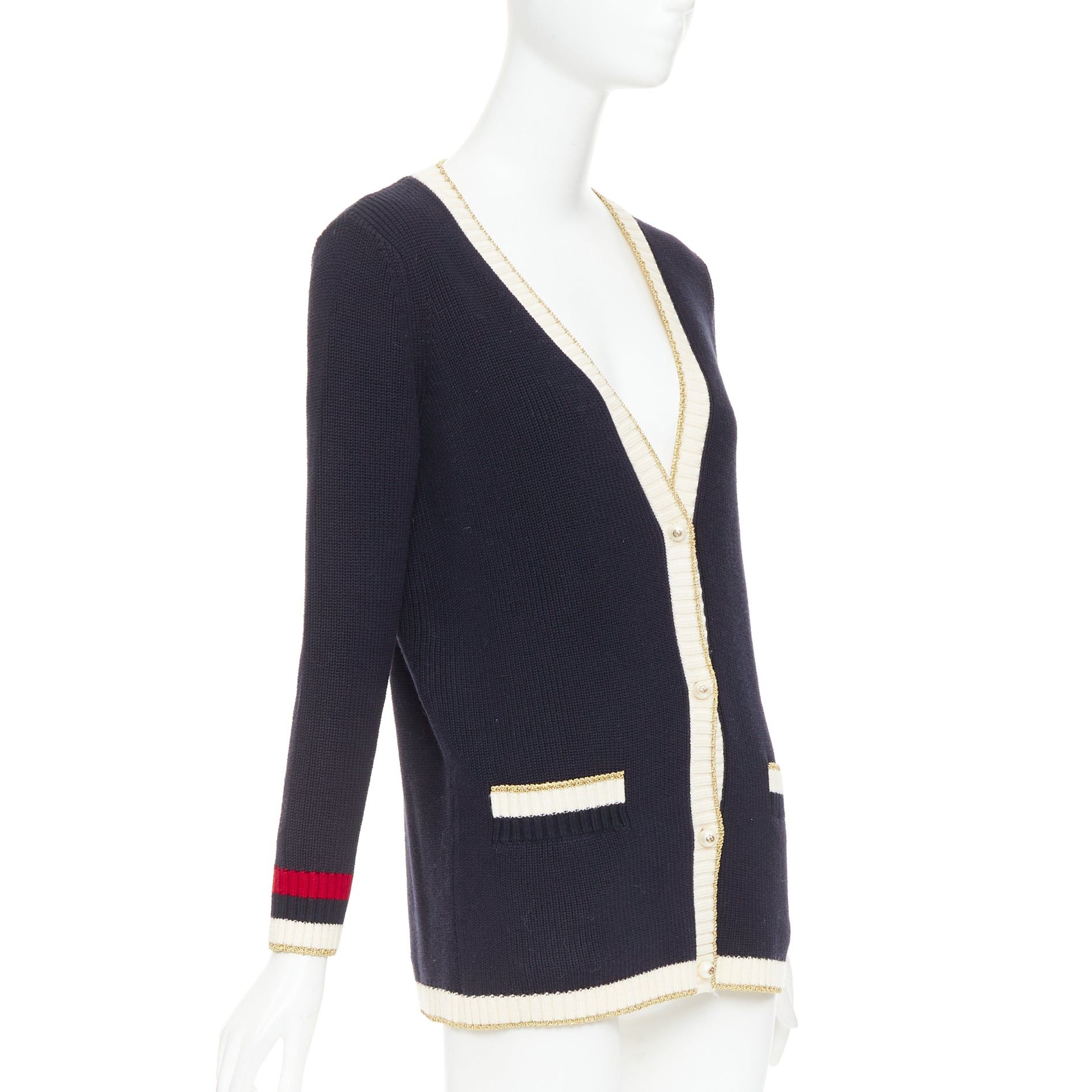 Gucci GUCCI Alessandro Michele navy cotton blend web pearl button cardigan XS Size XS / US 0-2 / IT 36-38 - 4 Thumbnail