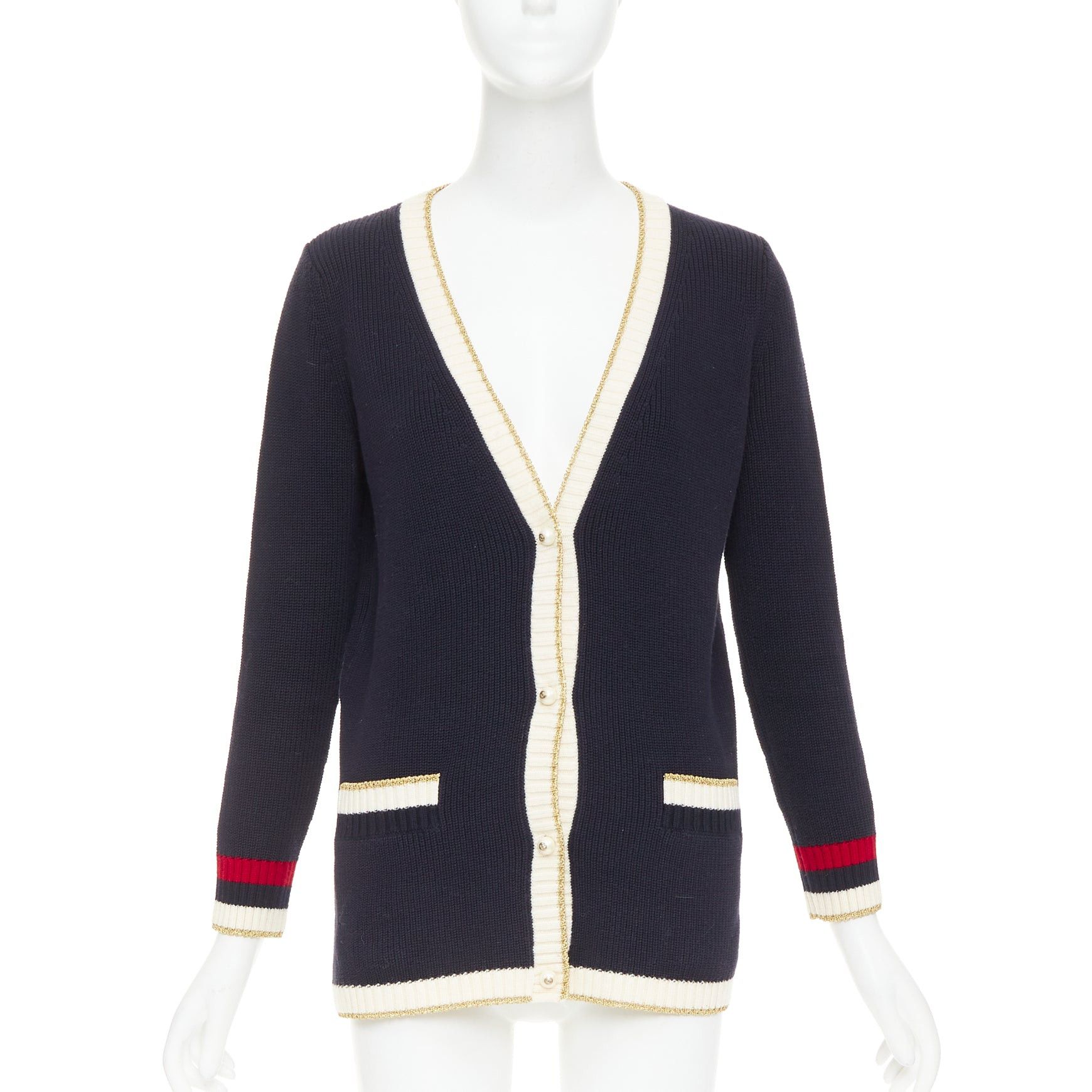 Gucci GUCCI Alessandro Michele navy cotton blend web pearl button cardigan XS Size XS / US 0-2 / IT 36-38 - 2 Thumbnail