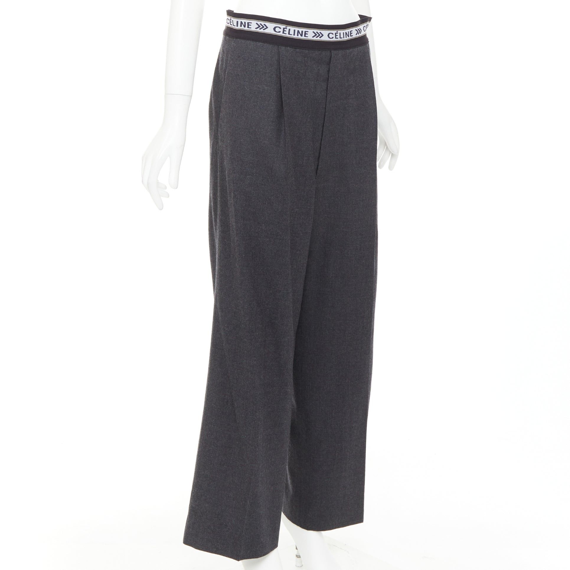 Celine CELINE Phoebe Philo grey wool logo waistband wide leg trousers FR34 XS Size 26" / US 2 / IT 38 - 3 Thumbnail