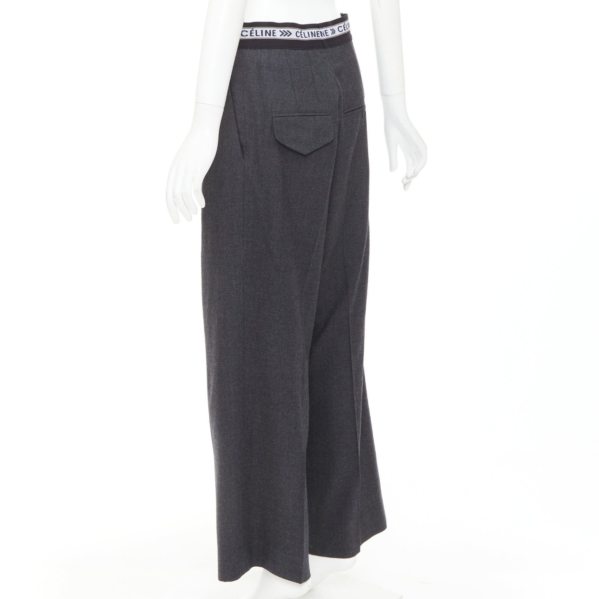 Celine CELINE Phoebe Philo grey wool logo waistband wide leg trousers FR34 XS Size 26" / US 2 / IT 38 - 6 Thumbnail