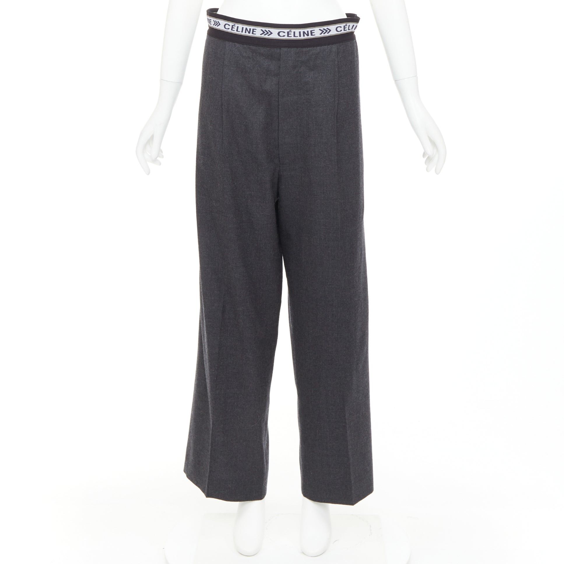 Celine CELINE Phoebe Philo grey wool logo waistband wide leg trousers FR34 XS Size 26" / US 2 / IT 38 - 9 Thumbnail