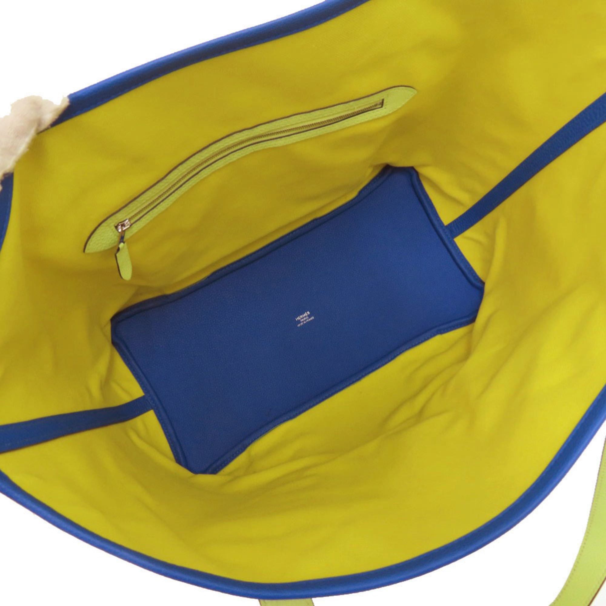 Hermes Hermes Pure Sangle Tote Bag, Silver Hardware, Toile Military Canvas, Taurillon Clemence Leather, Lime, Vert Ensemble, Blue Hydra, Yellow, Black, 1654HERMES Size ONE SIZE - 6 Thumbnail