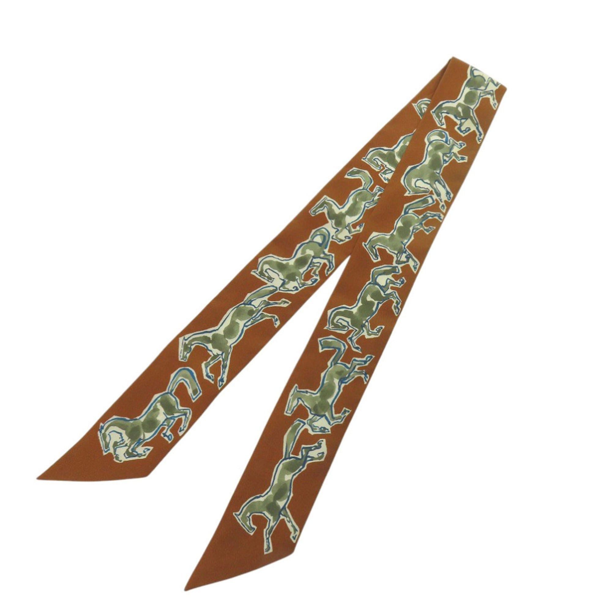 Hermes Like New Hermes Twilly Chevaux en Liberte (Free Horse) Silk Caramel Khaki White Scarf Muffler Brown 0479HERMES Size ONE SIZE - 2 Thumbnail