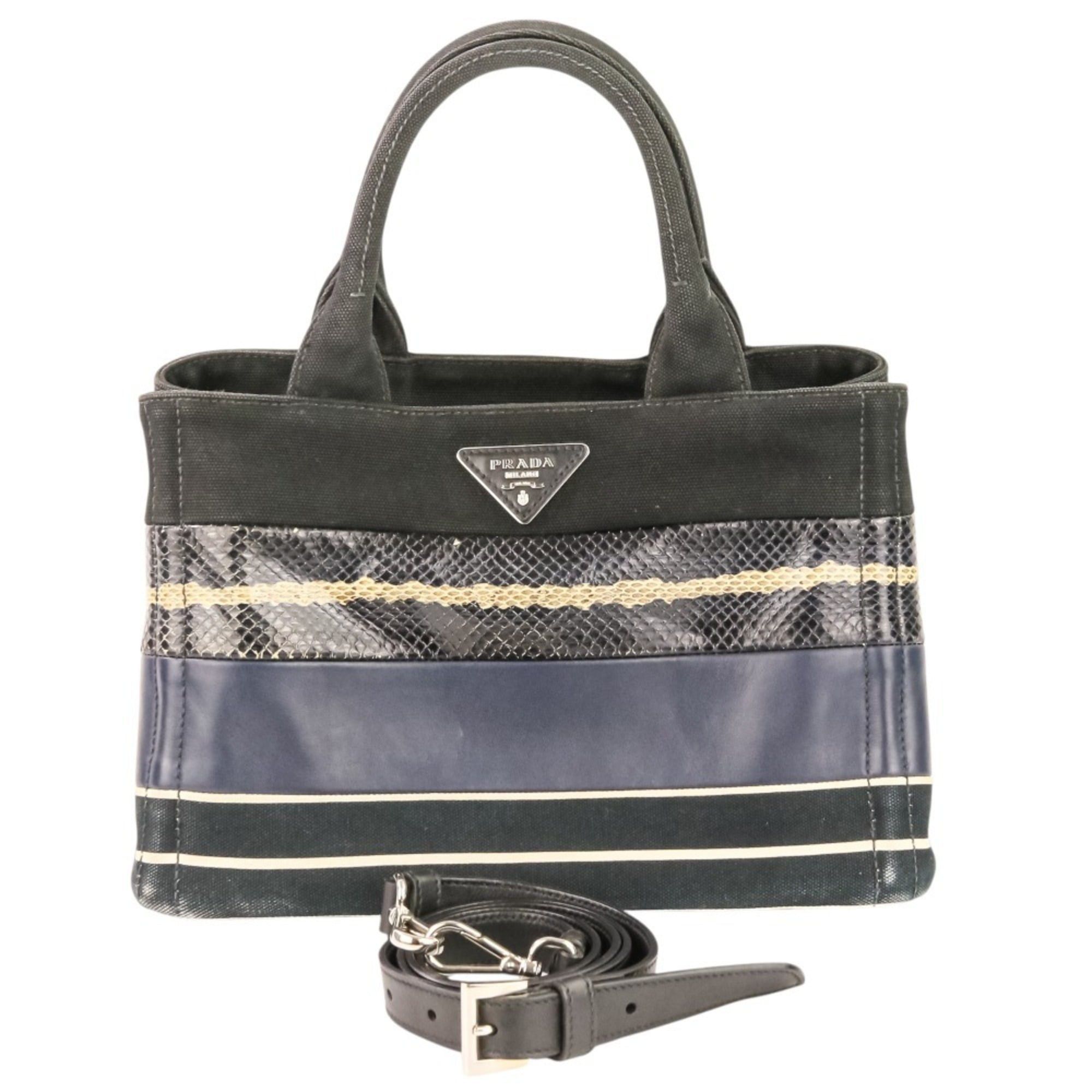 Prada PRADA Patchwork Canapa Mini 2-Way Handbag/Shoulder Bag 1BG439 Black/Navy Women's Size ONE SIZE - 11 Thumbnail