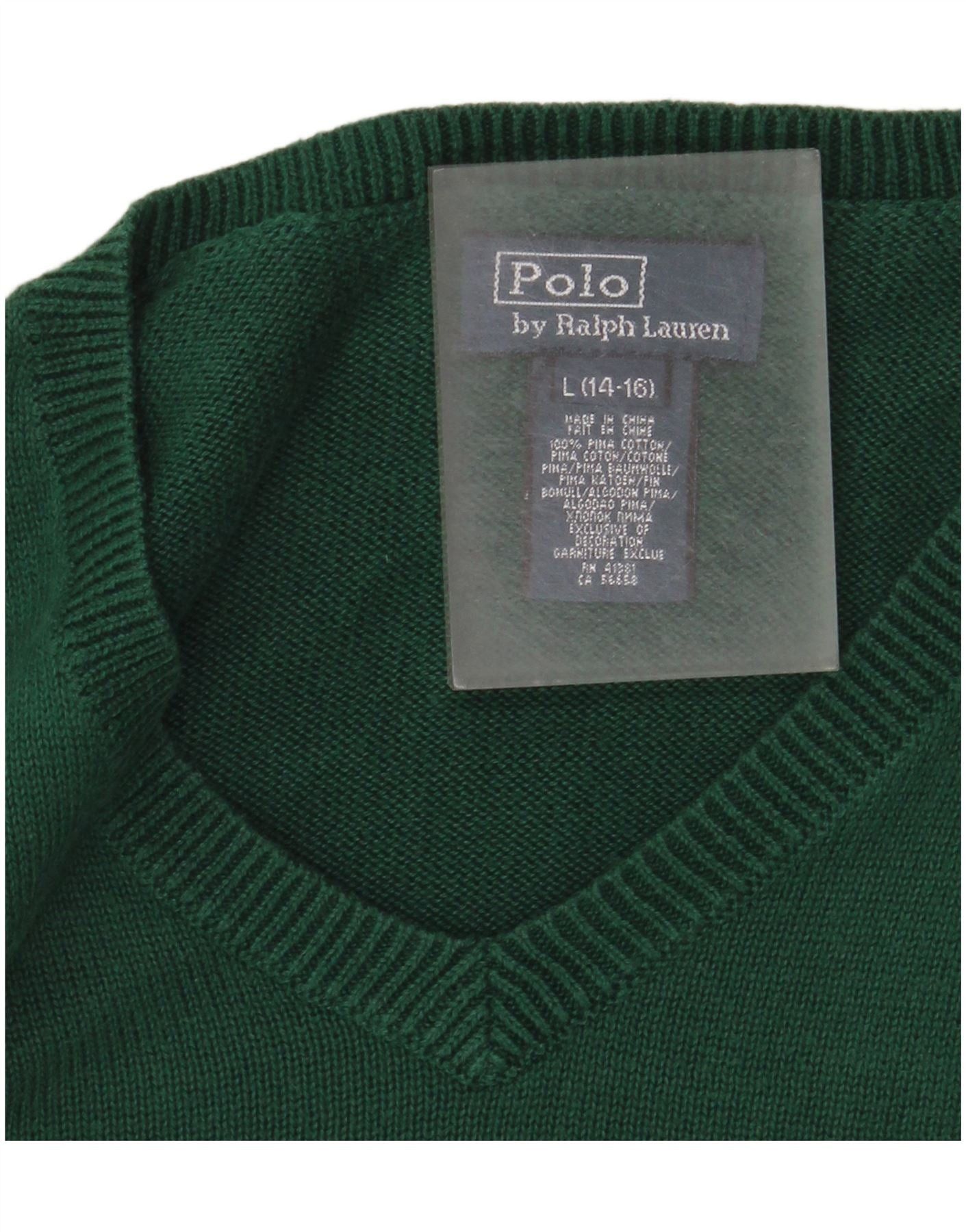 Polo Ralph Lauren Boys V-Neck Jumper Sweater 14-15 Years Green Cotton Size L / US 10 / IT 46 - 3 Thumbnail