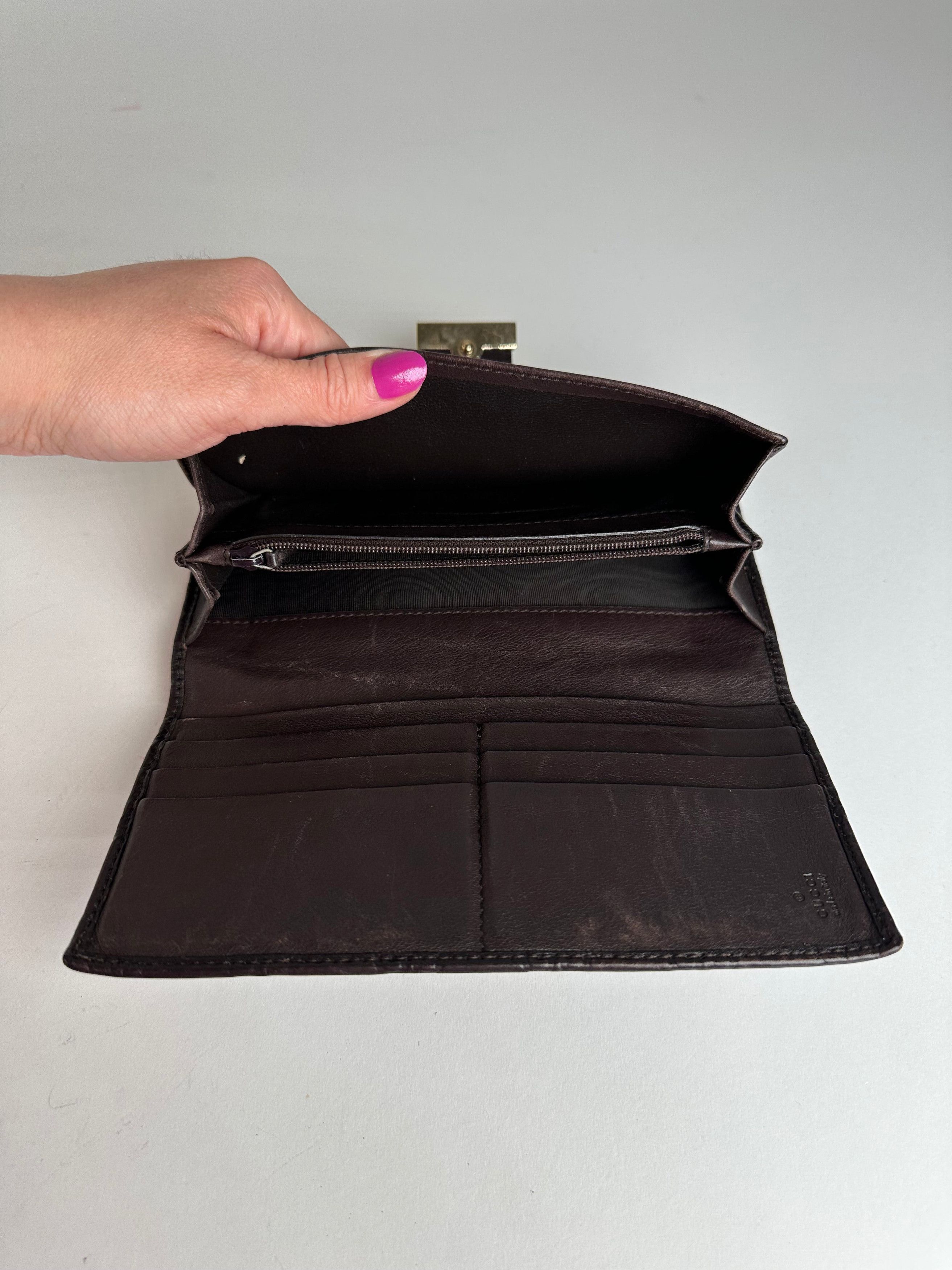 Gucci Vintage Leather Monogram Long Wallet Brown Size ONE SIZE - 5 Thumbnail
