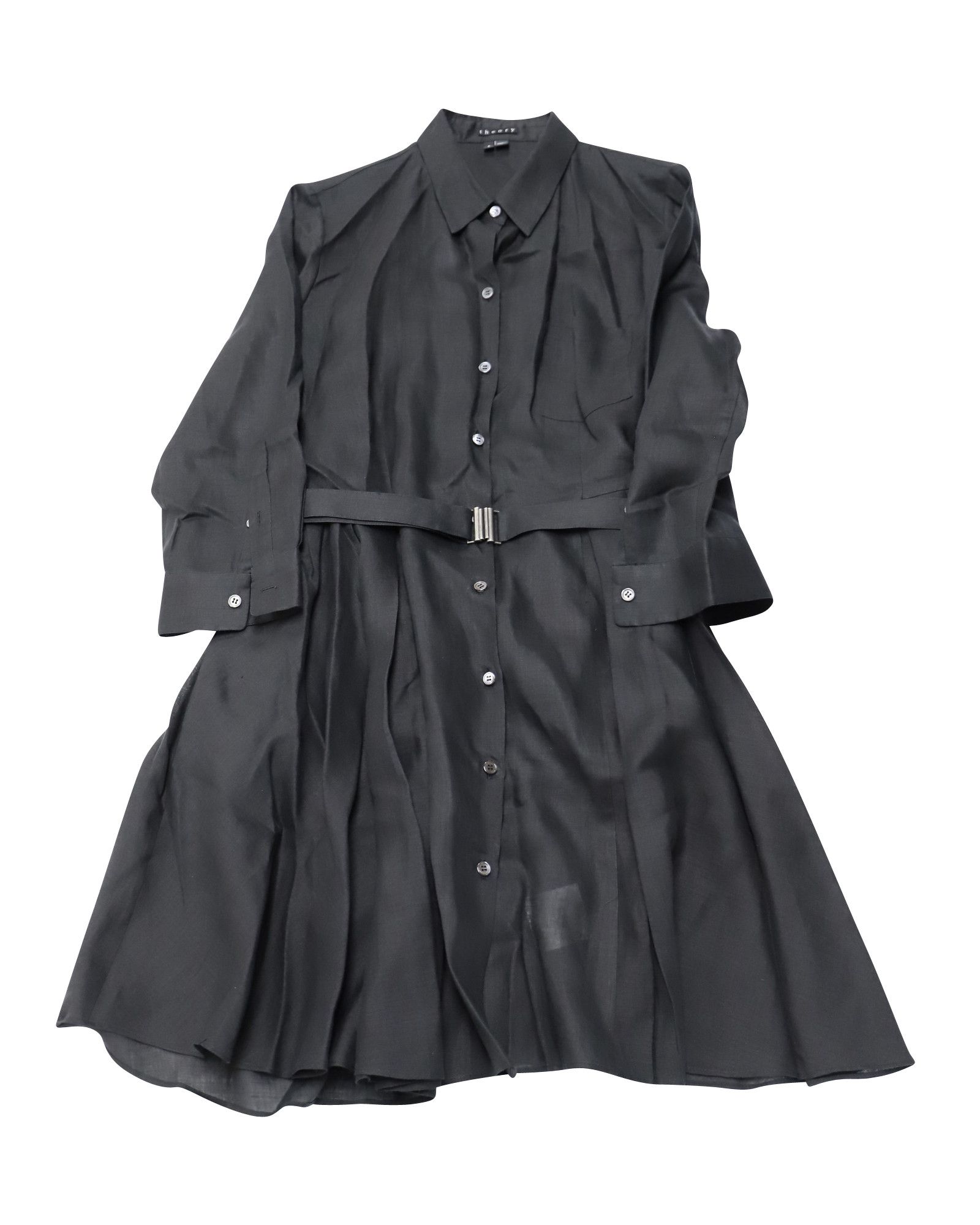 Theory Theory Belted Shirt Dress in Black Linen Size XS / US 0-2 / IT 36-38 - 3 Thumbnail