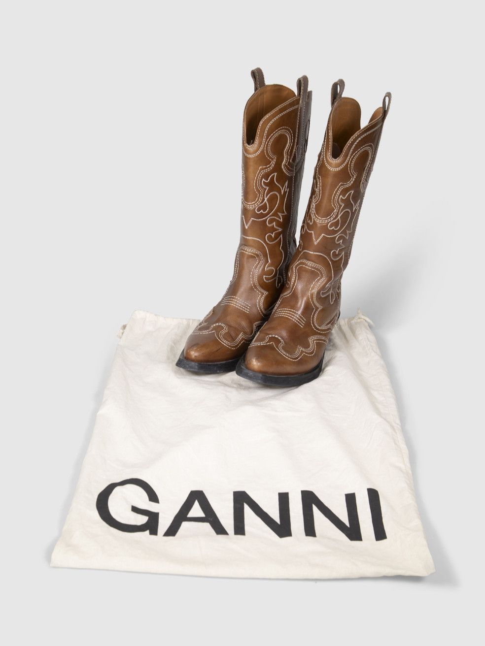 Ganni Brown Leather Embroidered Western Boots Size US 9 / IT 39 - 3 Thumbnail